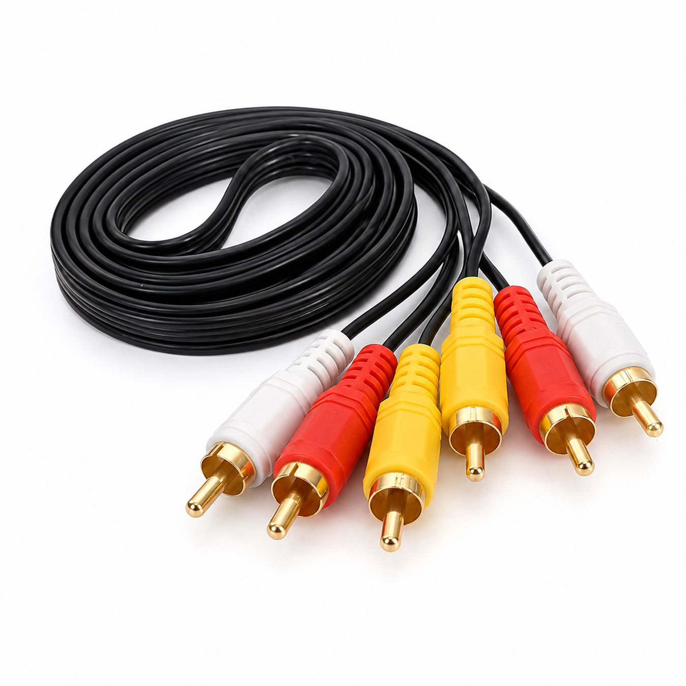 Ein schwarzes Kabel mit mehreren RCA-Steckern in Rot, Gelb und Weiß.