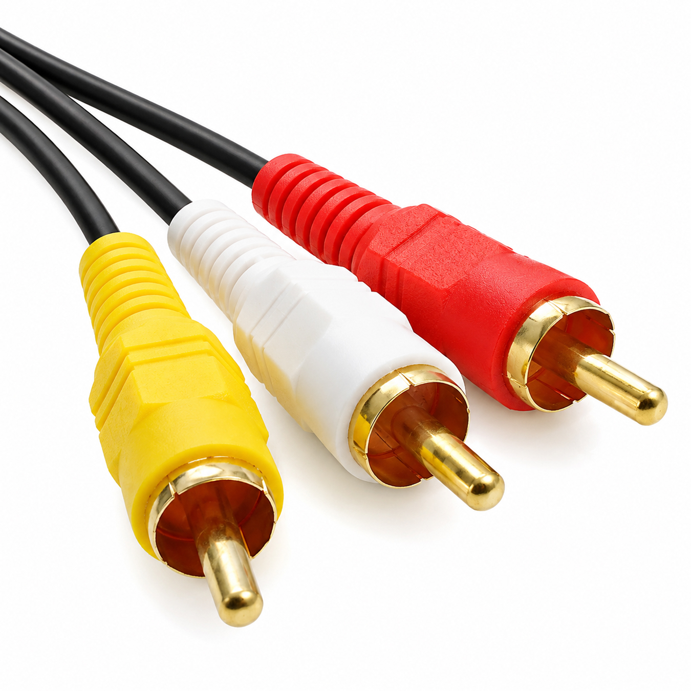 Drei Cinch-Verbundkabel: rote, weiße und gelbe Stecker mit Goldspitzen.