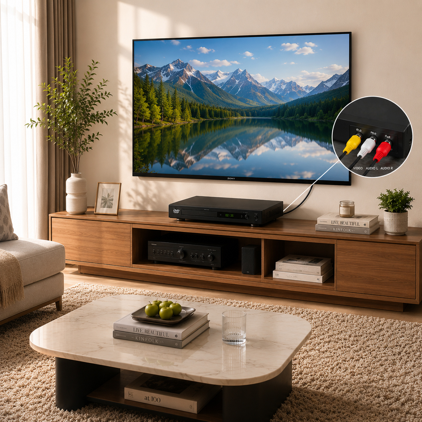 Wohnzimmer mit Fernseher, DVD-Player, Receiver und Couchtisch. Cinch-Kabel eingesteckt.