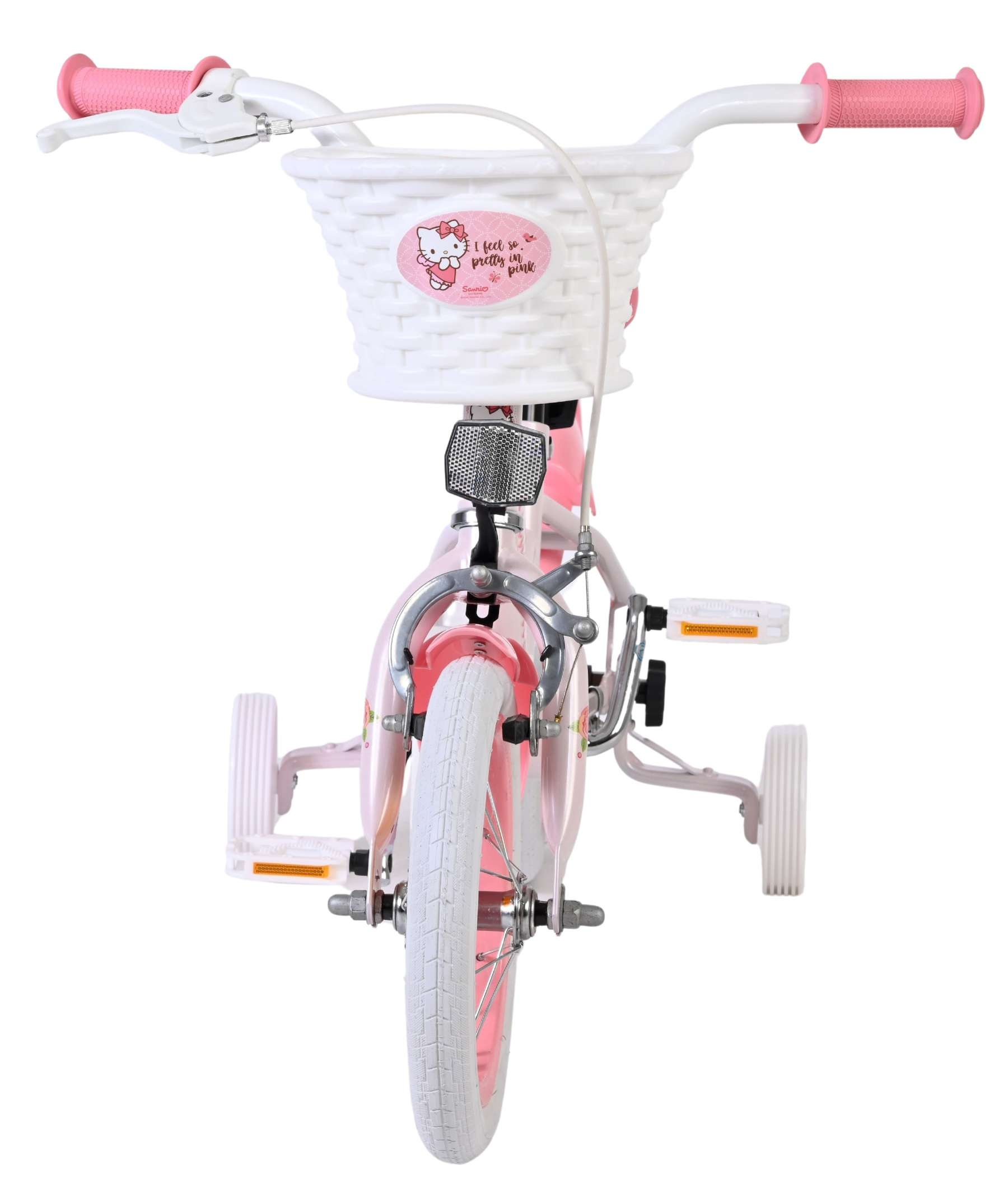 Ein pinkes Hello Kitty Fahrrad mit weißem Korb und Stützrädern.
