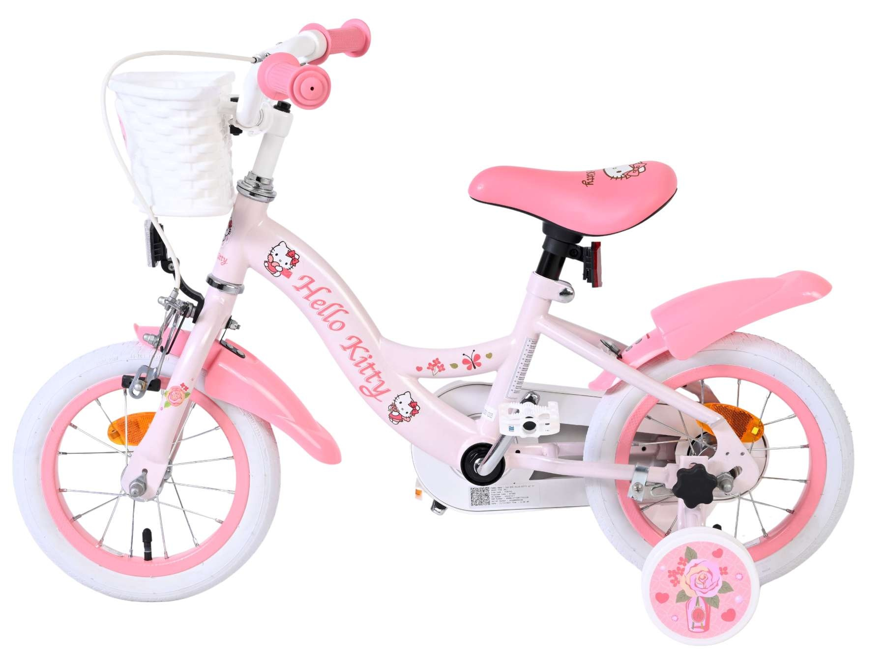 Ein rosafarbenes Hello Kitty Fahrrad mit Stützrädern und einem weißen Korb vorne.
