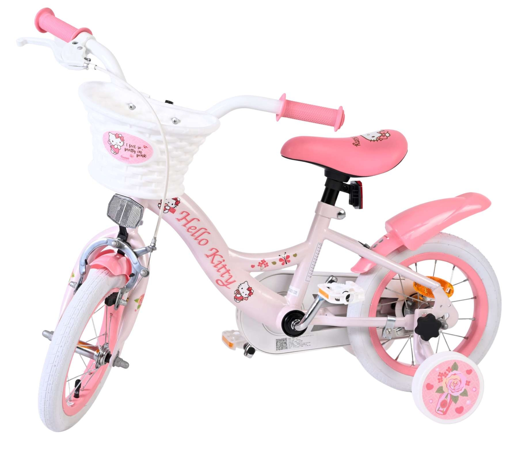 Ein rosafarbenes Hello Kitty Kinderfahrrad mit weißem Korb und Stützrädern.