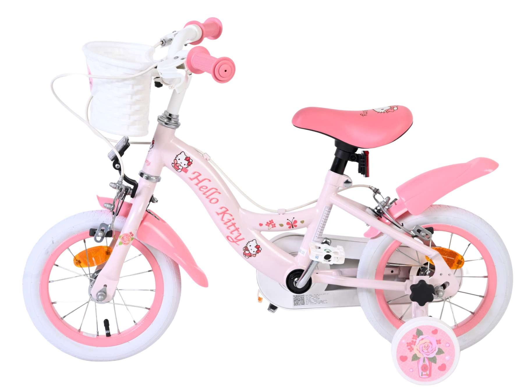Ein hellrosa Hello Kitty Kinderfahrrad mit weißem Korb, rosa Sattel und Stützrädern.