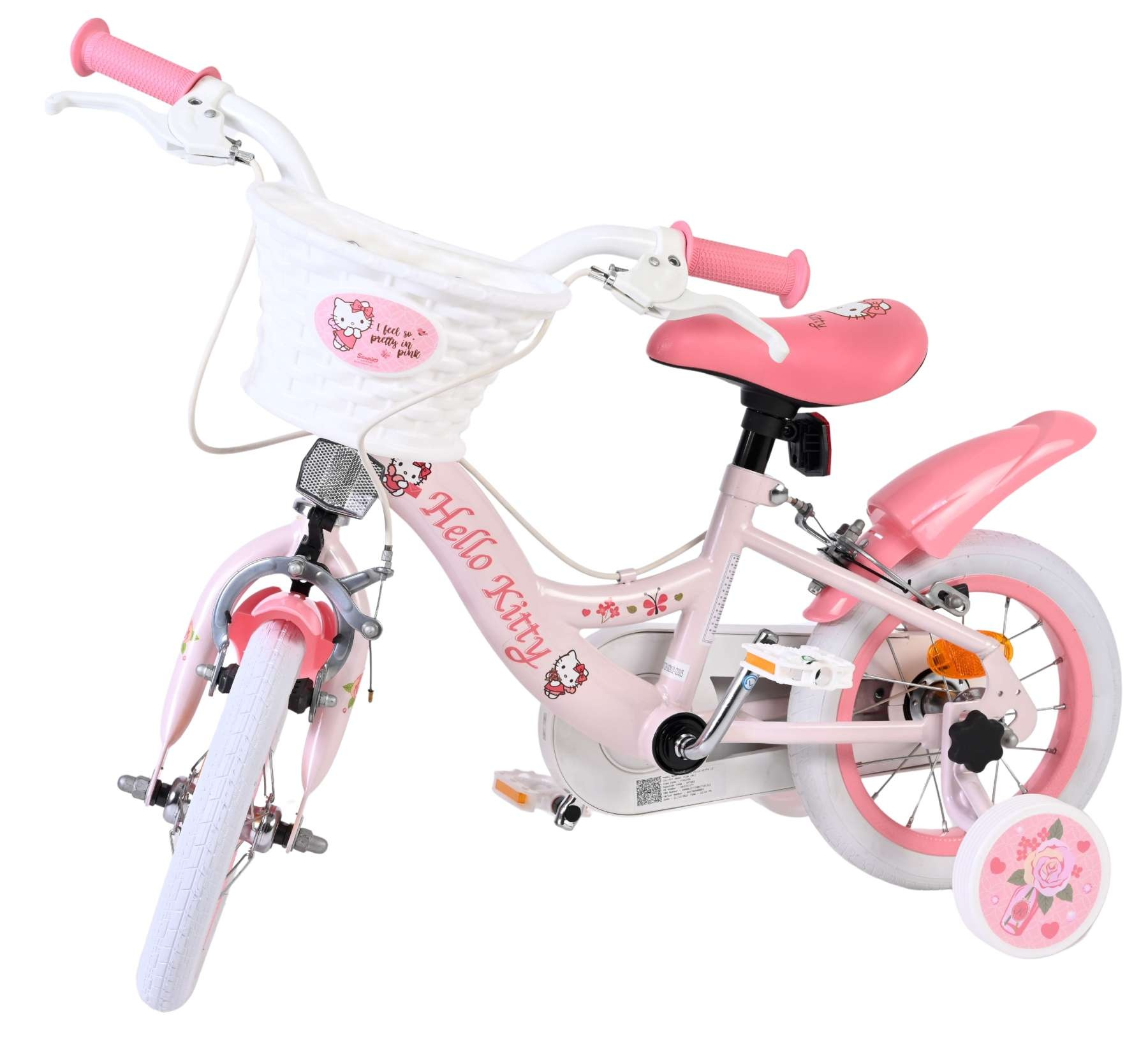 Ein rosa Hello Kitty Kinderfahrrad mit Stützrädern, weißem Korb und pinken Griffen.