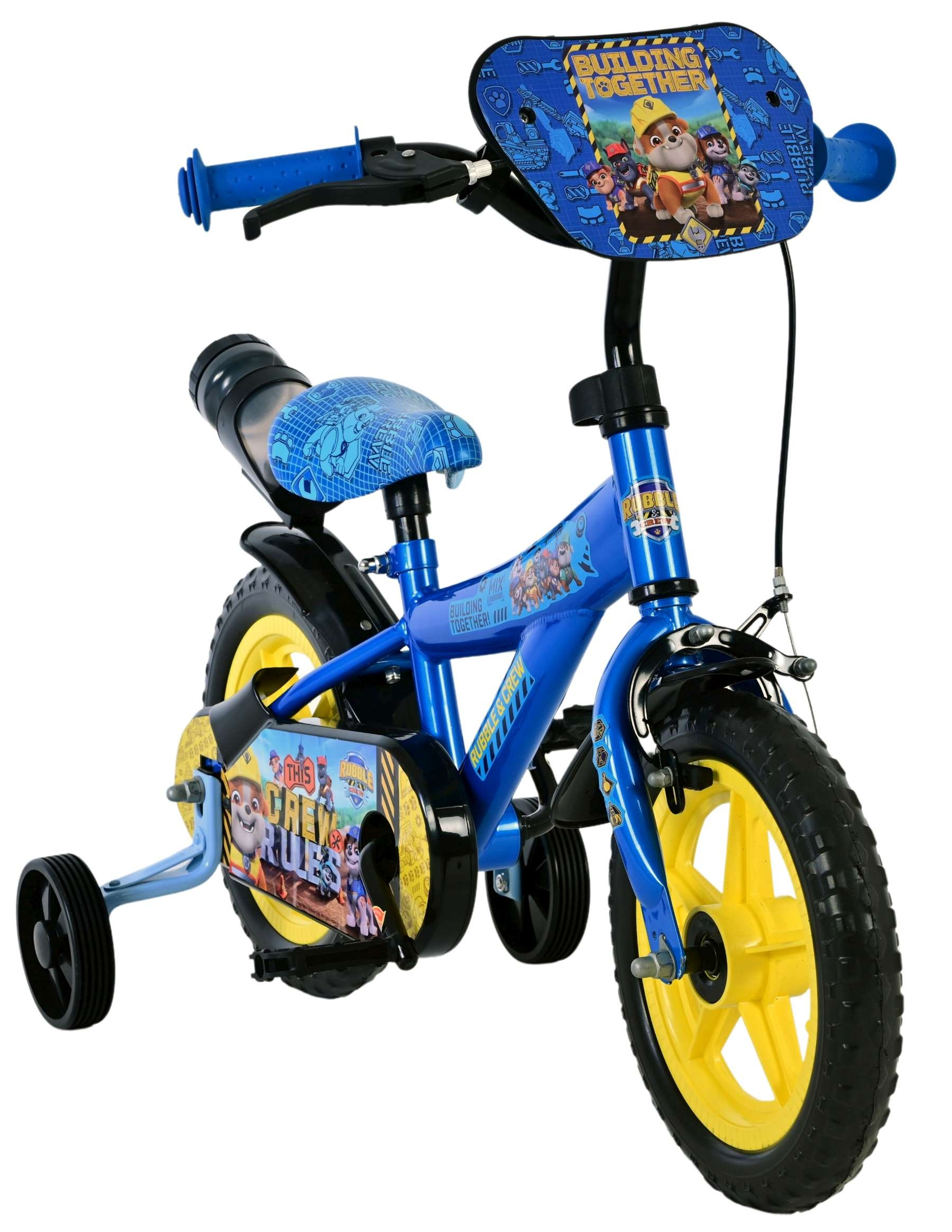 Ein blaues Kinderfahrrad mit gelben Rädern und Paw-Patrol-Motiven.