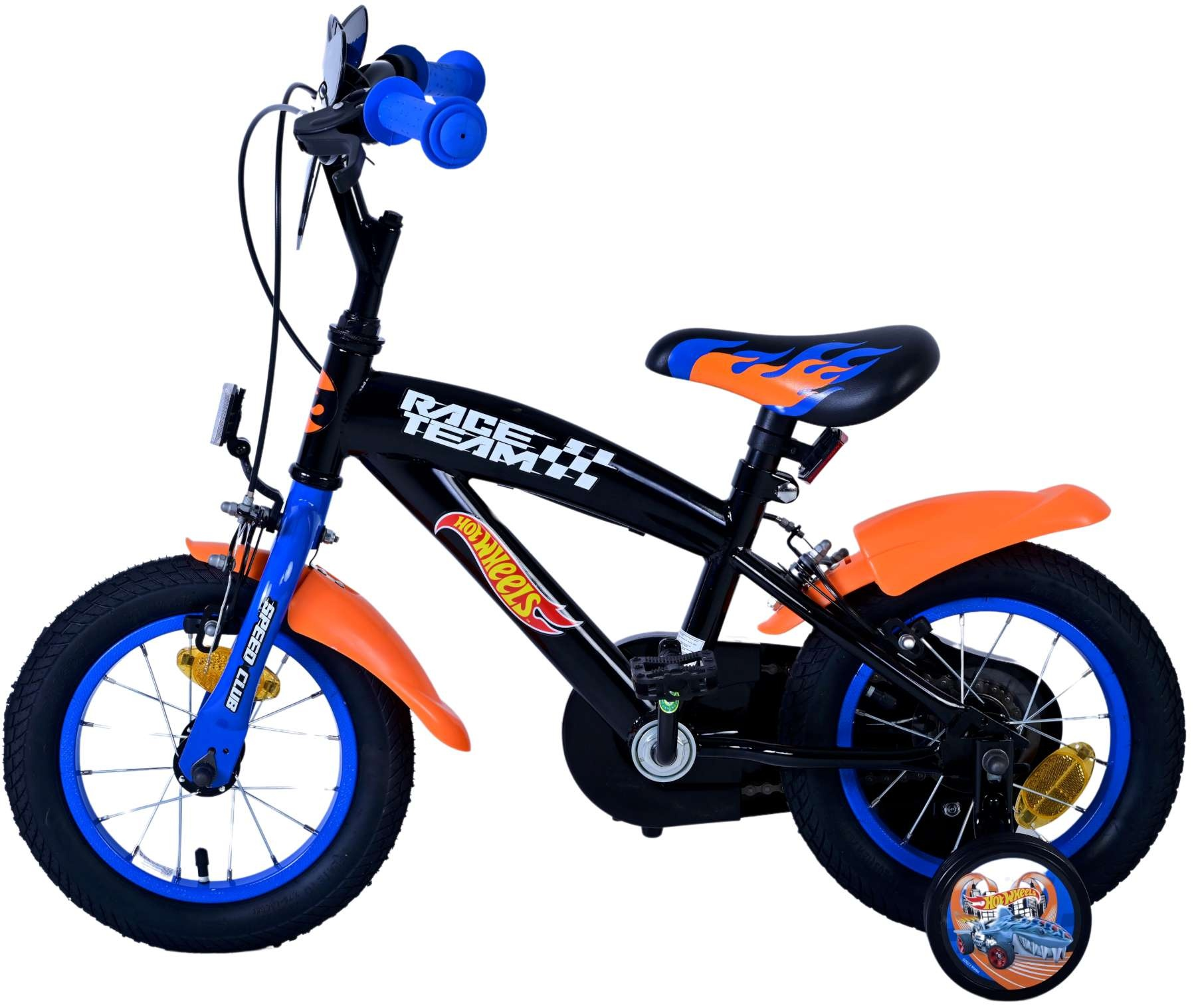 Schwarzes Hot Wheels Fahrrad mit orangen Schutzblechen, blauen Felgen und Flammen-Sitz.