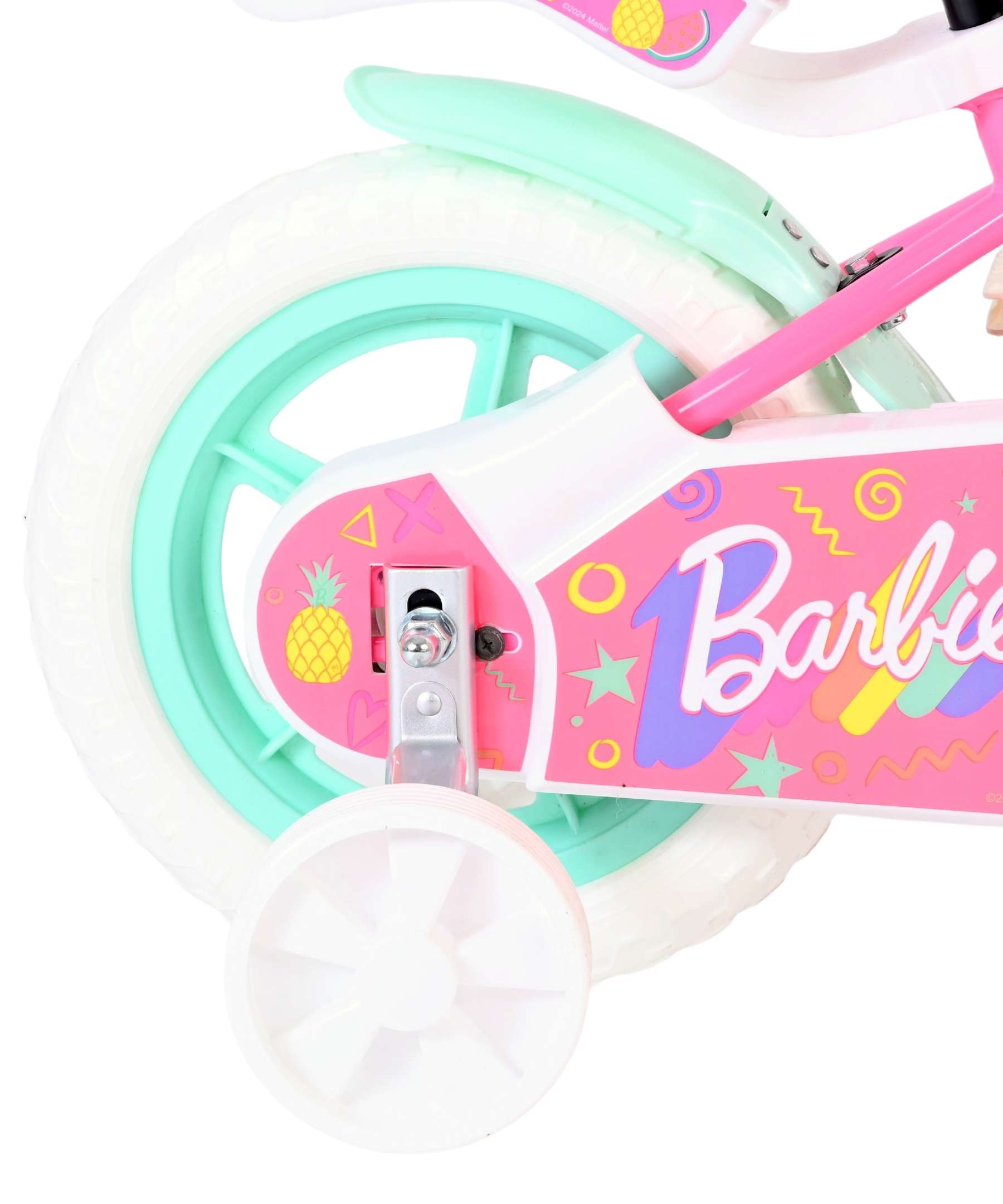 Ein rosa Barbie-Fahrrad mit mintgrünem Schutzblech und weißem Reifen.