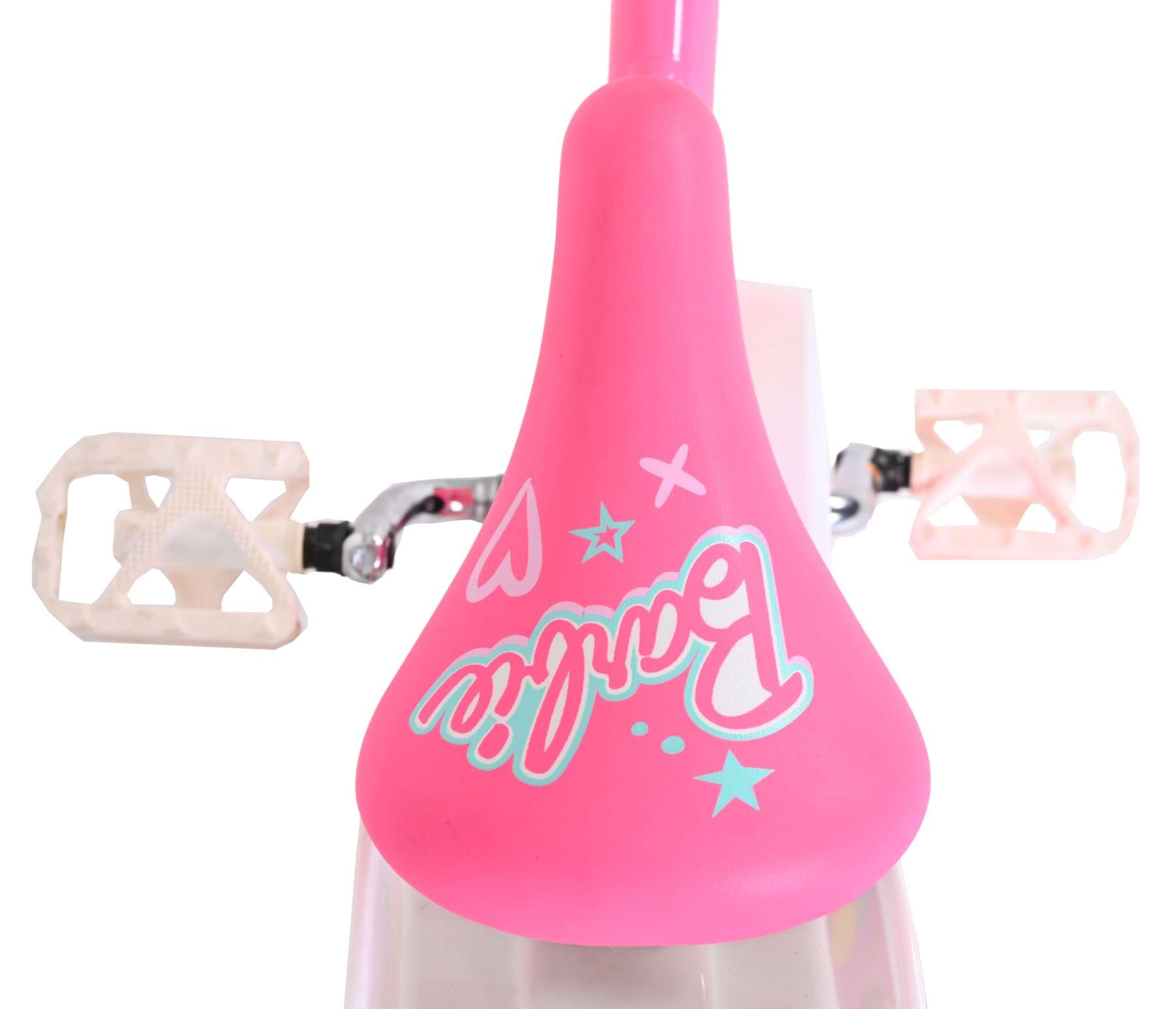 Ein rosa Barbie-Fahrradsitz mit weißen Pedalen und silbernen Kurbeln.