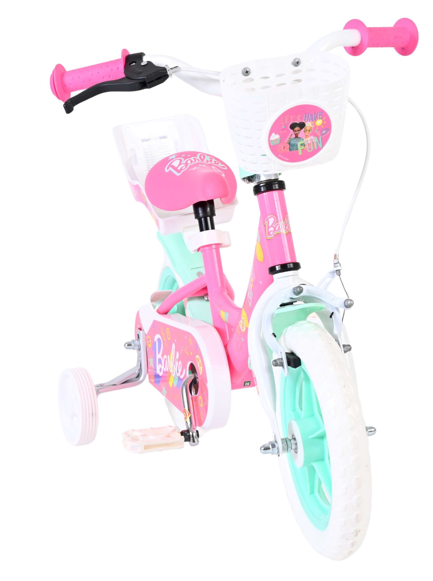 Ein rosa Barbie-Kinderfahrrad mit Stützrädern, weißem Korb und mintgrünen Akzenten.