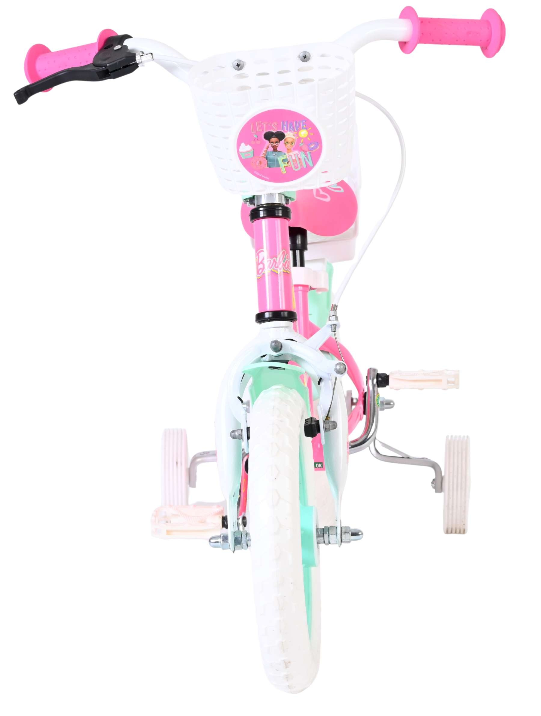 Rosa und mintgrünes Kinderfahrrad mit Stützrädern und Barbie-Motiv.