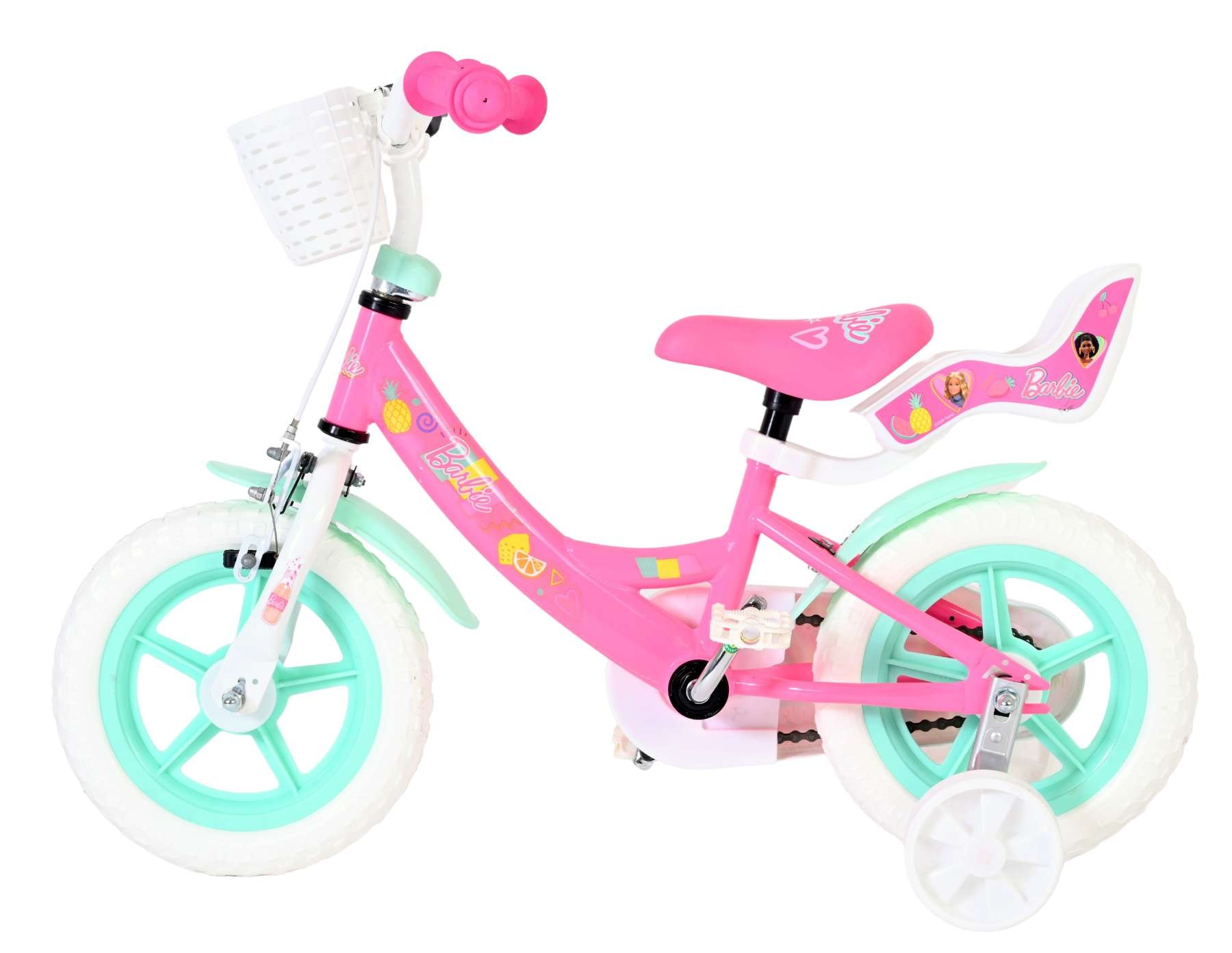 Ein rosa Barbie-Fahrrad mit weißen Reifen und mintgrünen Felgen.