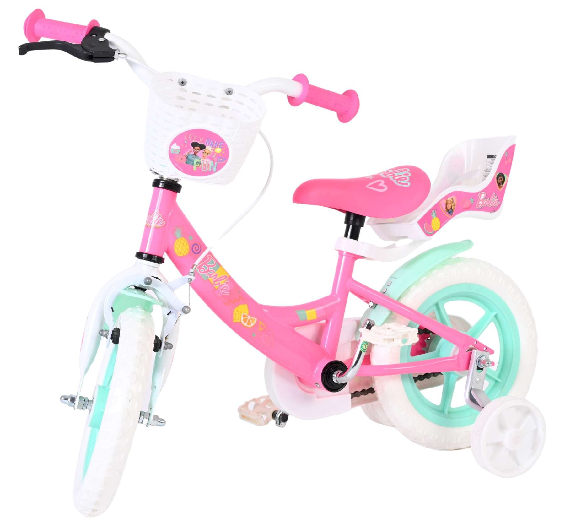 Ein rosa Barbie-Fahrrad mit Stützrädern, weißem Korb und rosa Griffen.