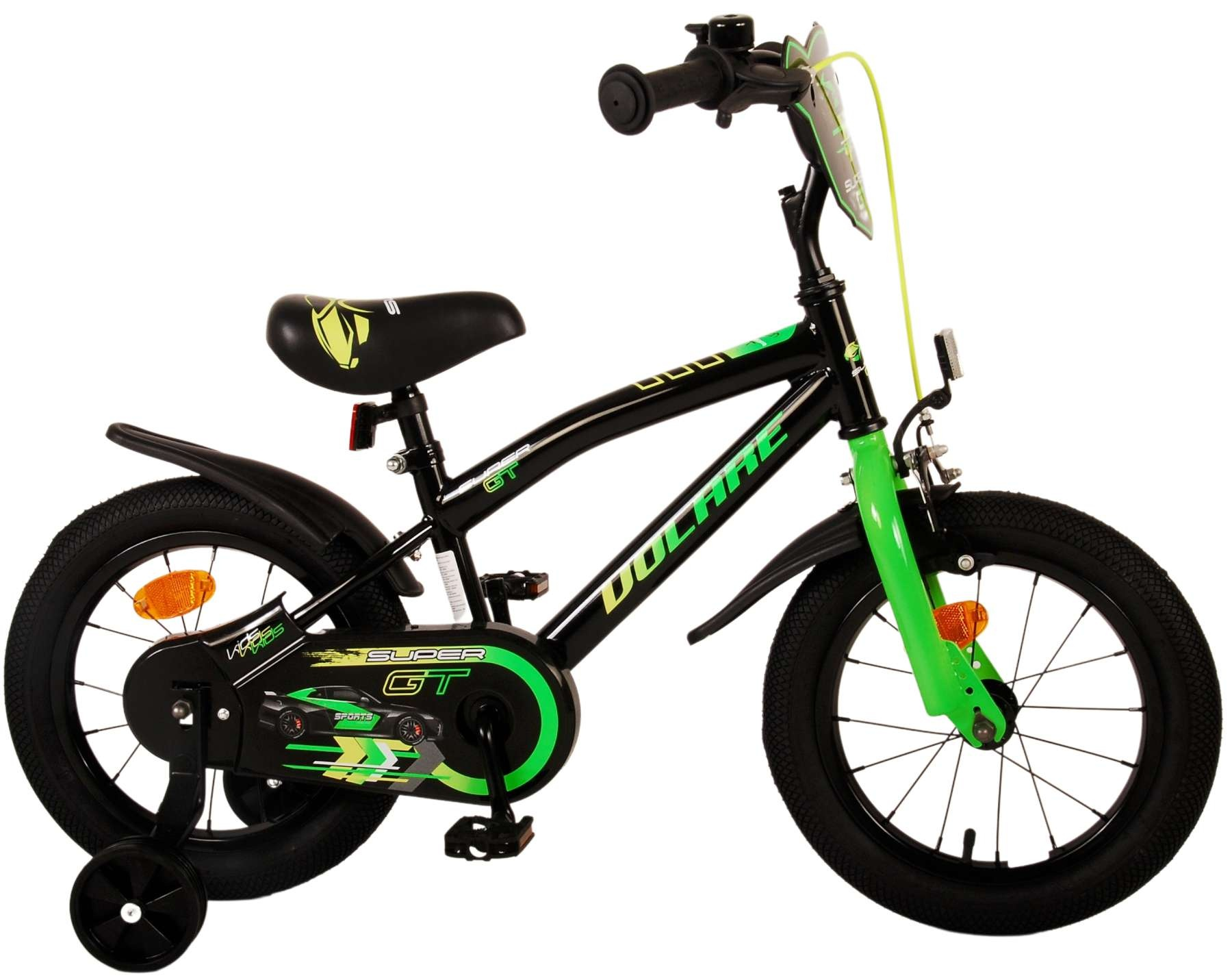 Ein schwarzes Kinderfahrrad mit grünen Akzenten und Stützrädern.