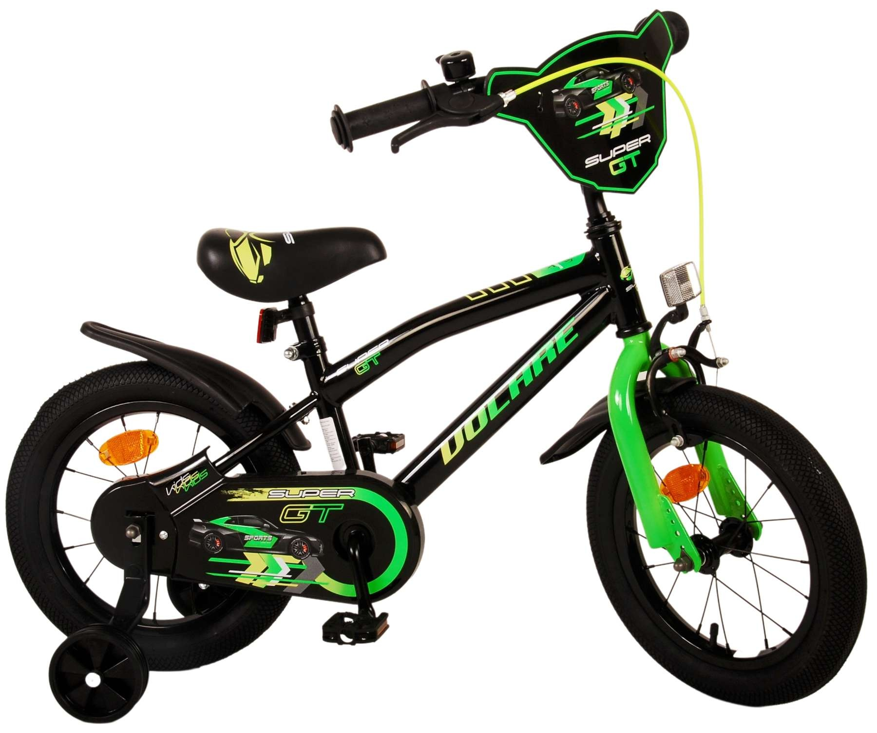 Schwarzes Kinderfahrrad mit grünen Akzenten, Stützrädern und Autoaufklebern.