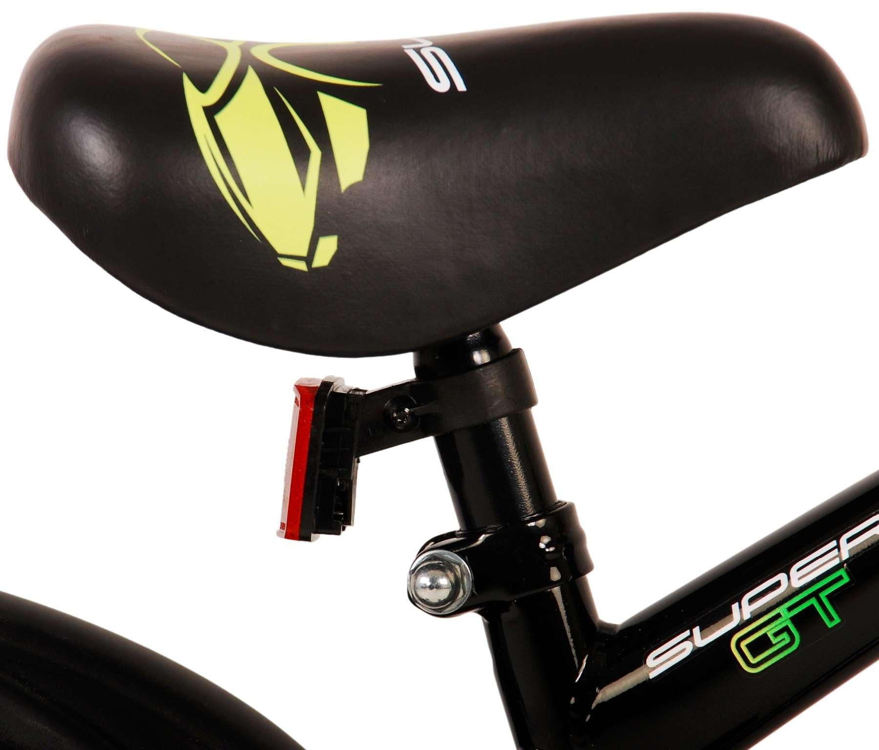 Schwarzer Fahrradsattel mit gelbem Logo, roter Rückleuchte und Schriftzug SUPER GT.