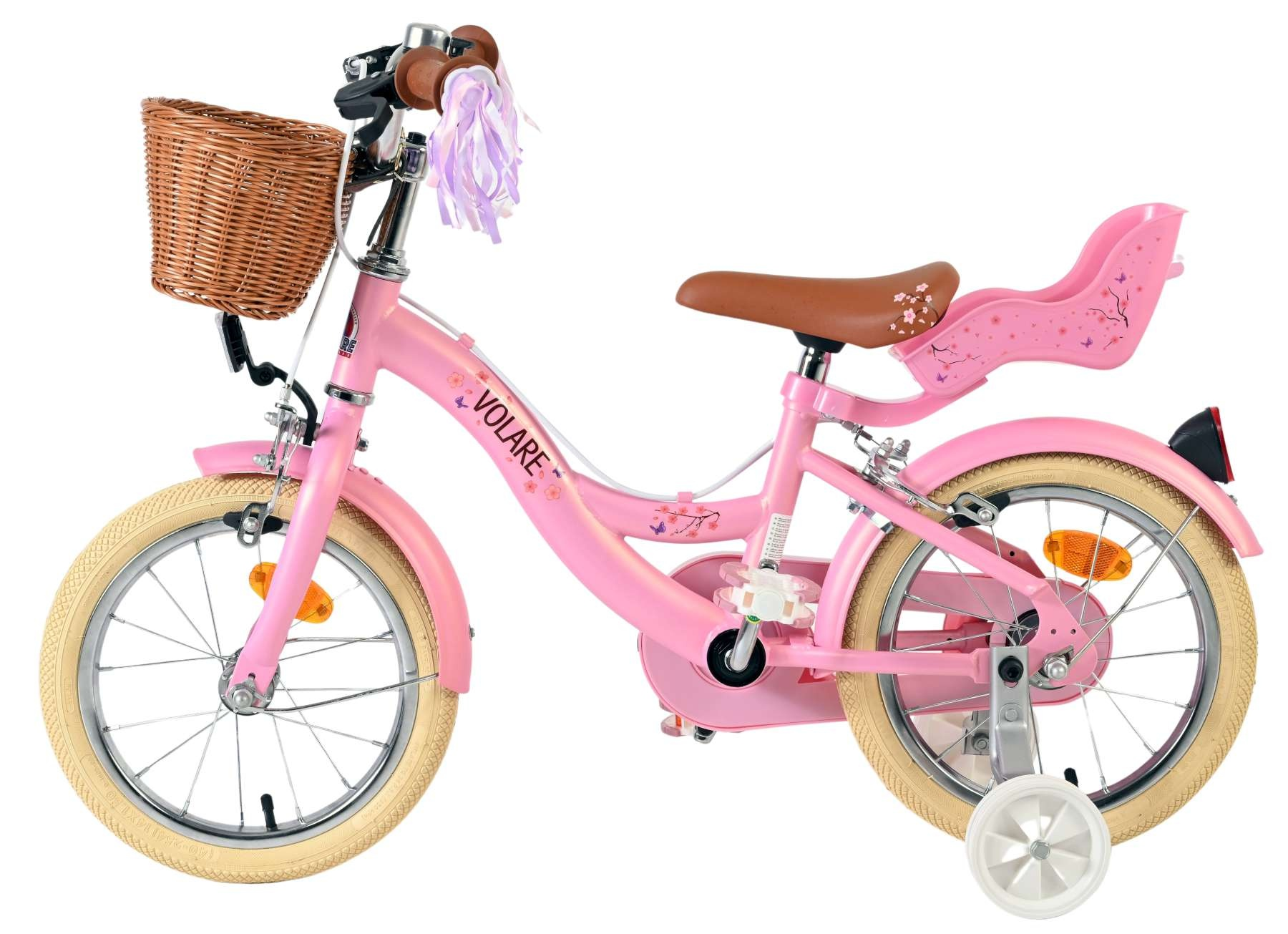 Rosa Volare Fahrrad mit Weidenkorb, braunem Sitz, Puppensitz und Stützrädern.