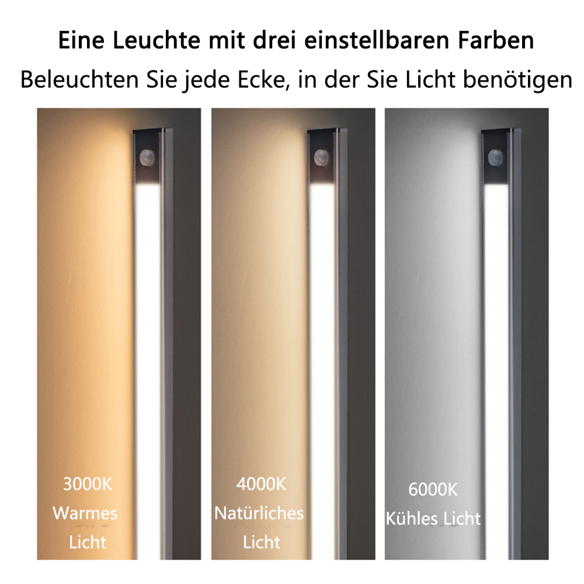 Drei Leuchten mit unterschiedlichen Farbtemperaturen: warm, natürlich, kühl.