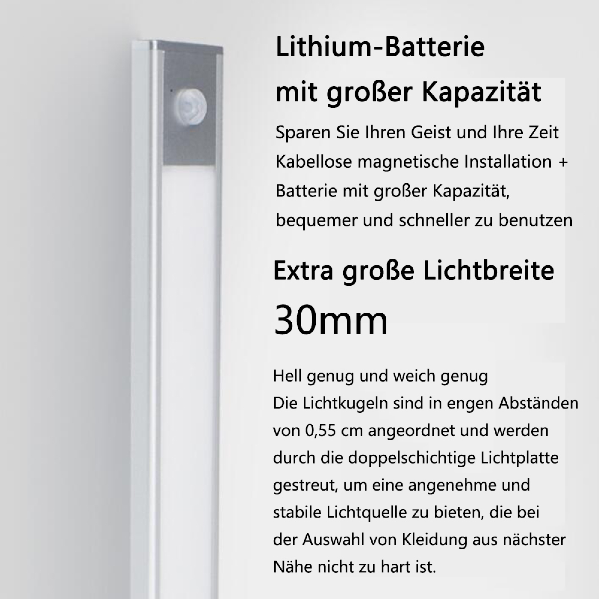 Silberne LED-Leiste mit Bewegungssensor und Text über Kapazität und Licht.