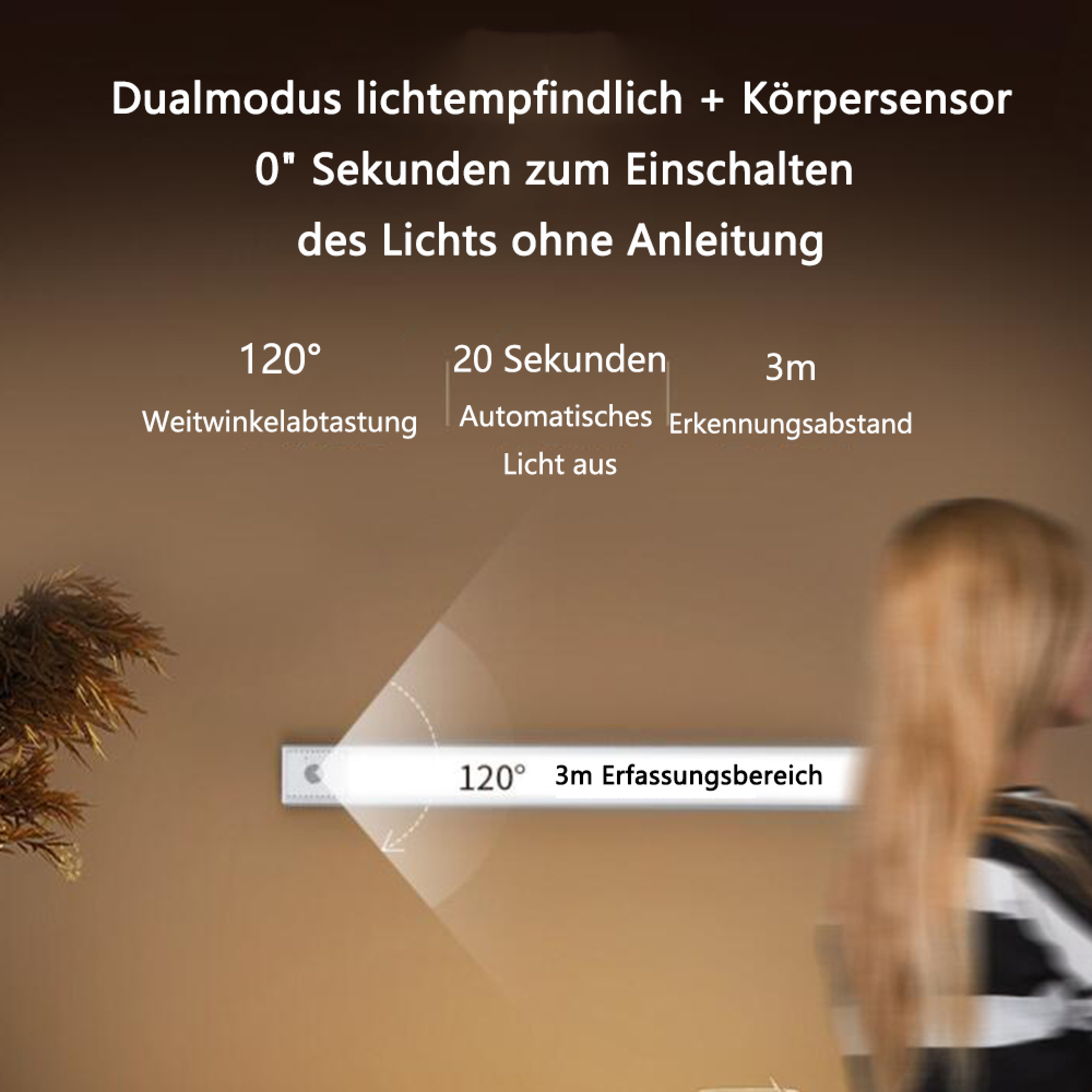 Dualmodus Sensor: 120°, 20s, 3m Erfassungsbereich. Automatisch.