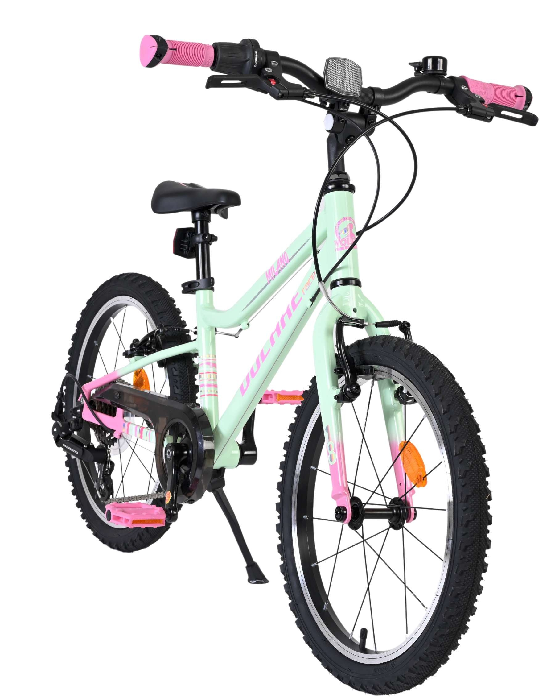 Ein mintgrünes Fahrrad mit rosa Akzenten und schwarzen Reifen, mit Ständer.