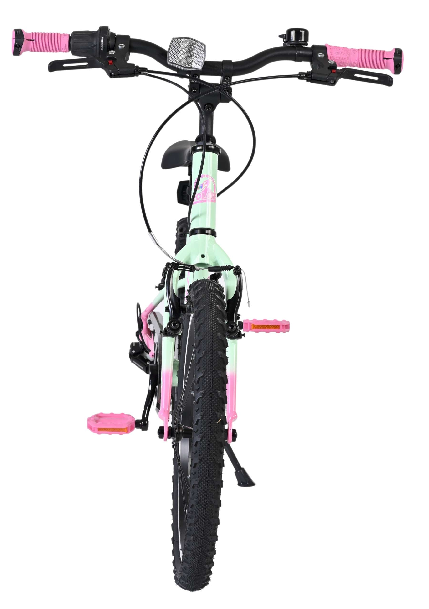 Ein mintgrünes und pinkes Fahrrad mit schwarzem Lenker, Klingel und Reflektor.