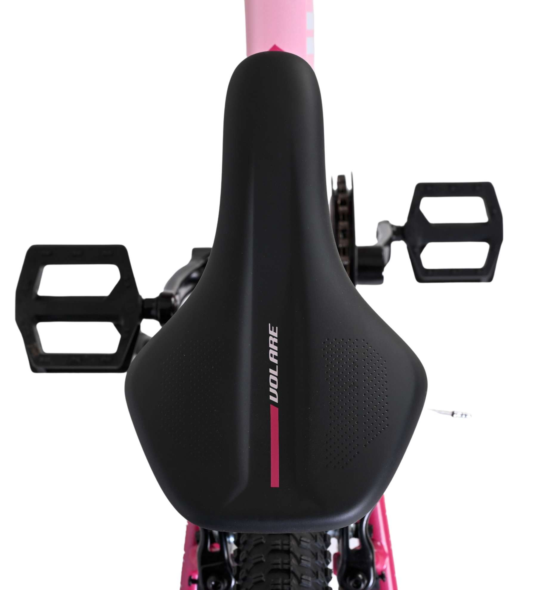 Nahaufnahme eines schwarzen Fahrradsattels mit rosa Streifen und dem Schriftzug VOLARE.