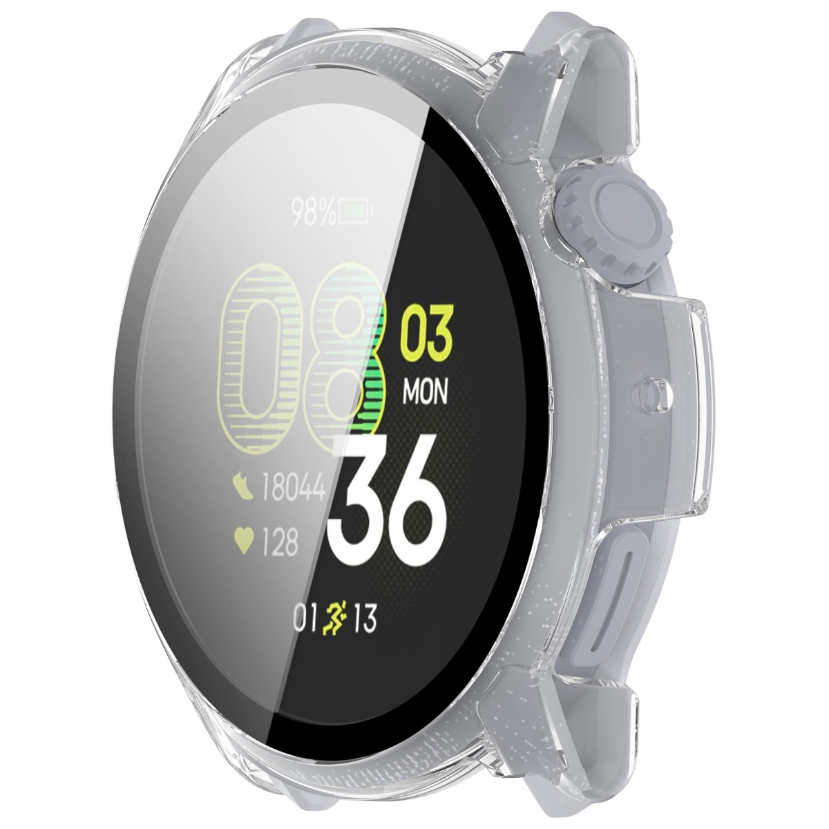 Grauer Schutz für Smartwatch mit Zifferblatt, das 98% Akku, 08:03 Uhr, 18044 Schritte und 128 Herz anzeigt.