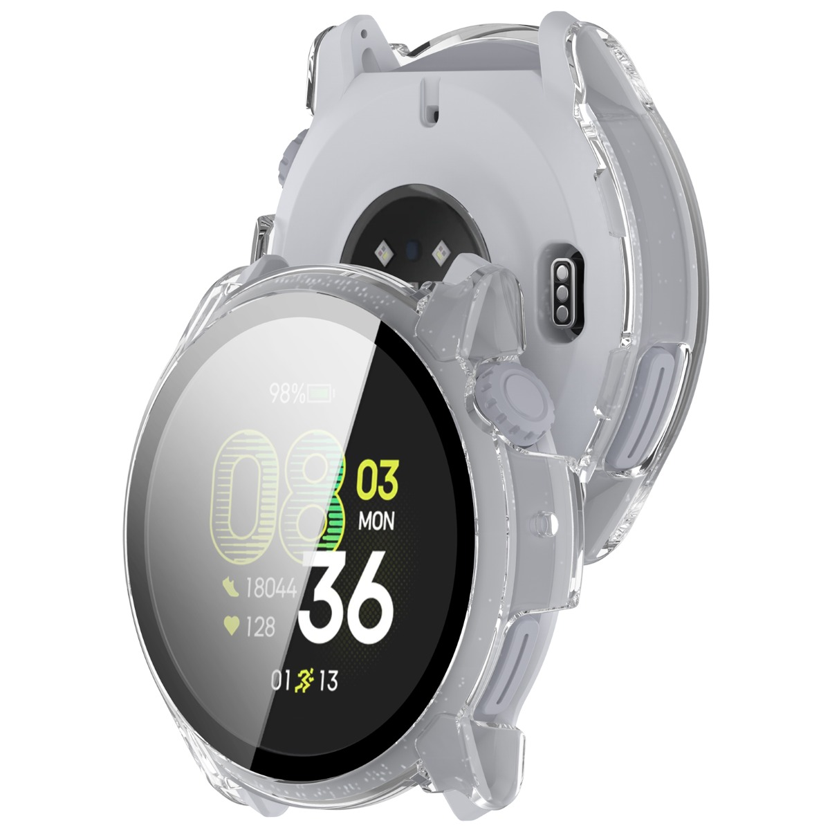 Ein transparenter Schutz für eine runde Smartwatch mit grauem Gehäuse.