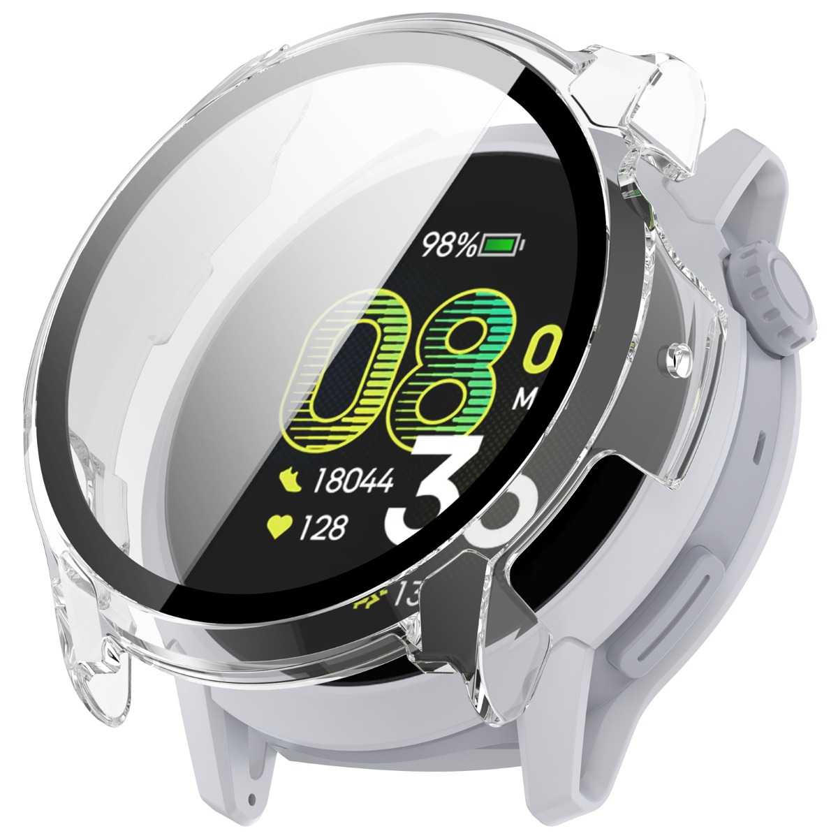 Graue Smartwatch mit transparentem Schutzgehäuse. Zeigt 98% Akku, 08:03 Uhr, 18044 Schritte, 128 Herz.