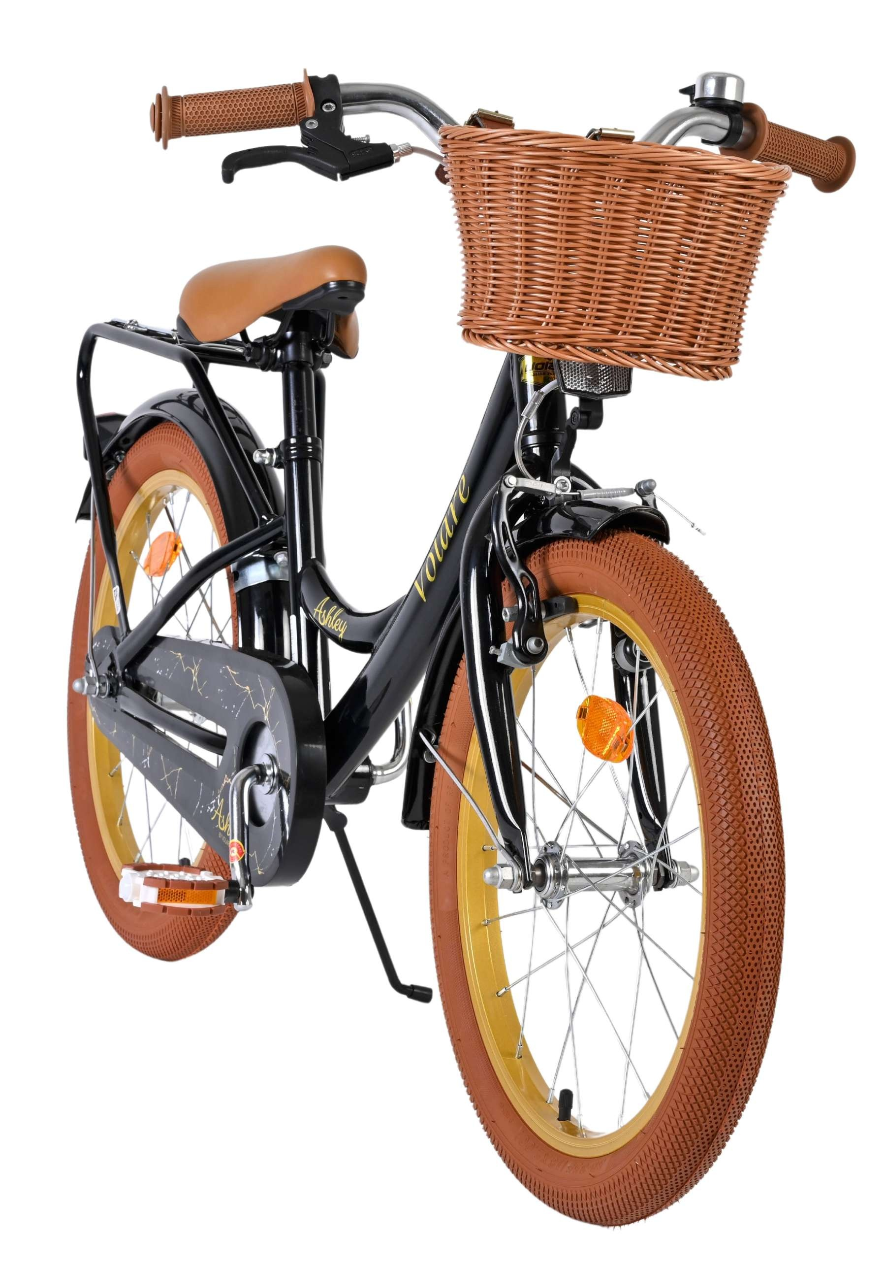 Schwarzes Kinderfahrrad mit braunem Korb, braunem Sattel und braunen Reifen.