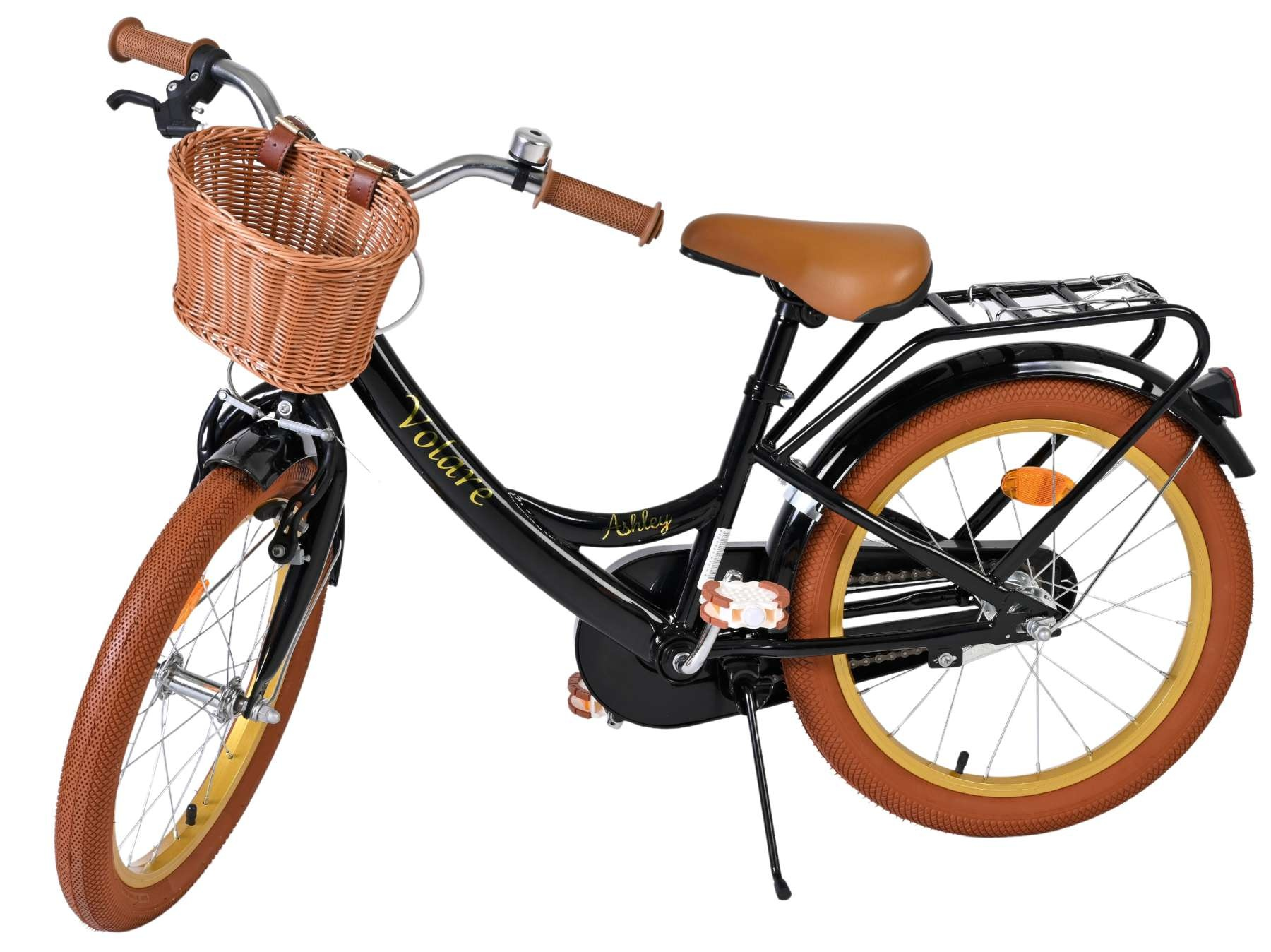 Ein schwarzes Kinderfahrrad mit braunem Korb, braunem Sattel und braunen Reifen.