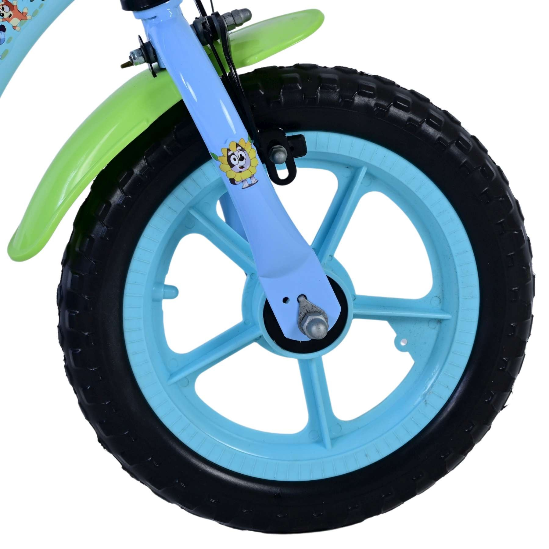 Ein blaues Fahrradteil mit einem grünen Schutzblech und einem schwarzen Reifen.