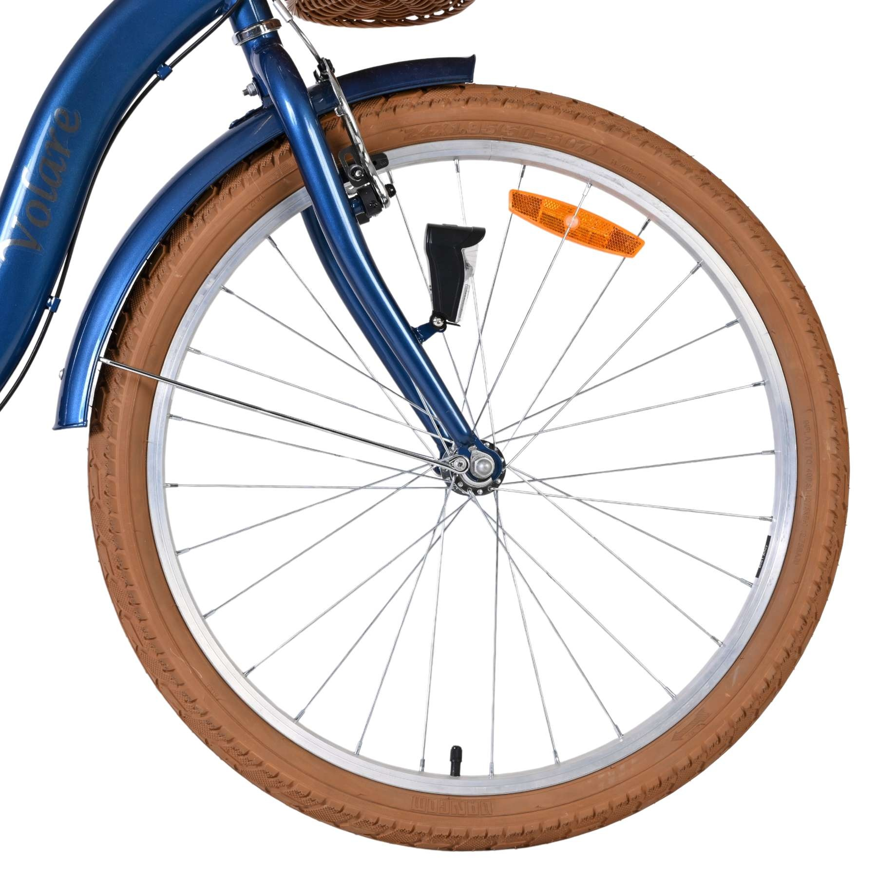 Blaues Fahrrad mit braunem Reifen, Speichen und Reflektor.