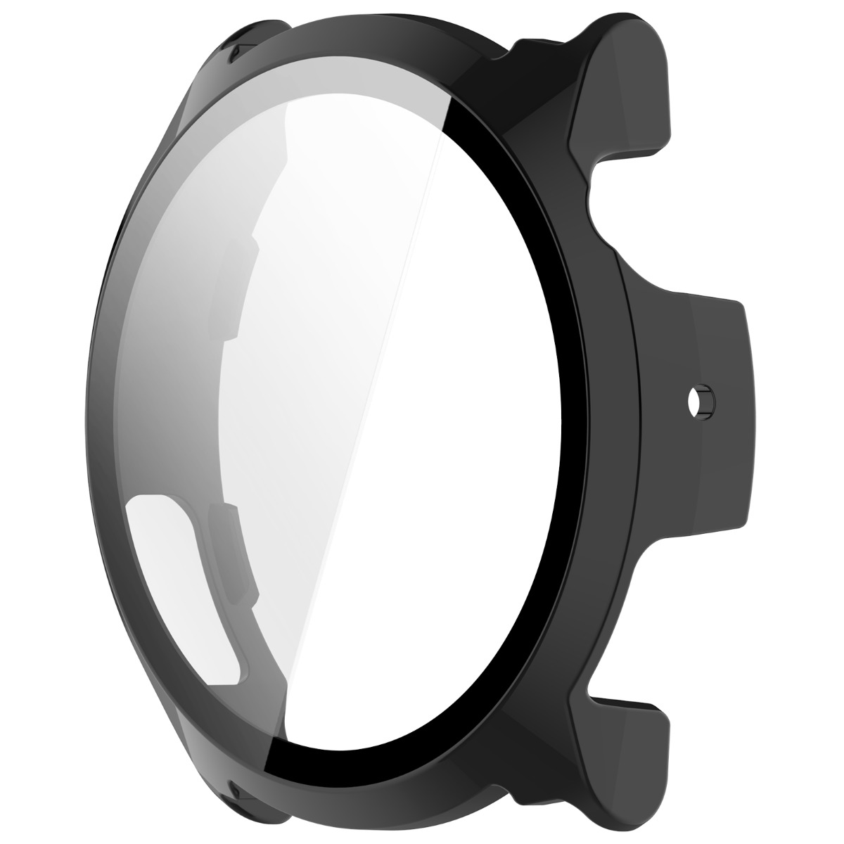 Custodia protettiva nera per smartwatch rotondo con lunetta trasparente.