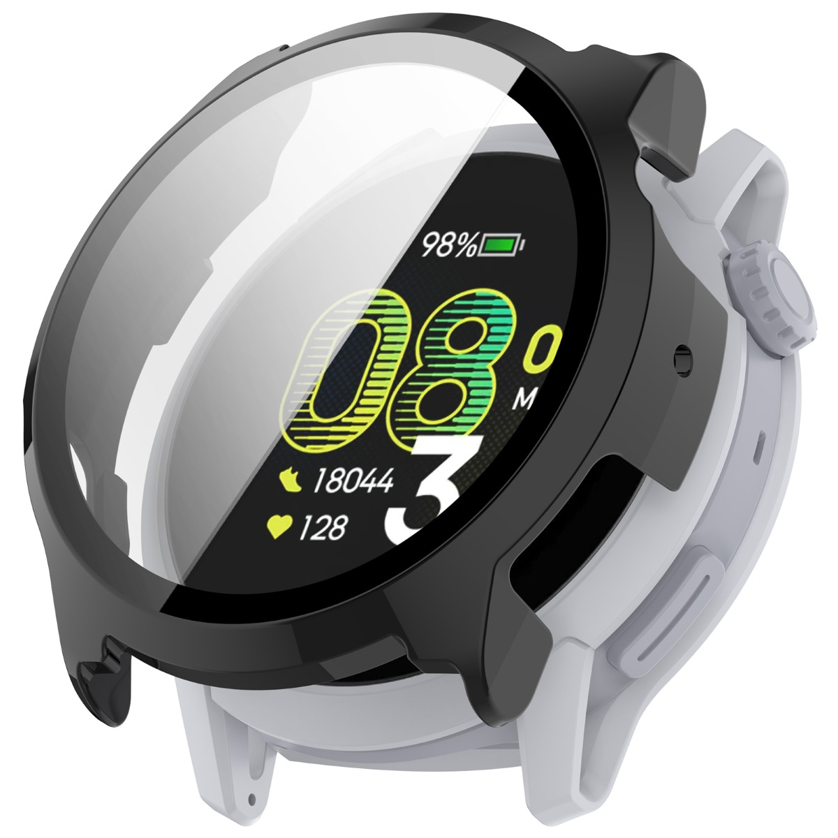 Smartwatch grigio con cornice protettiva nera e display. Mostra 98% batteria, 08:03.