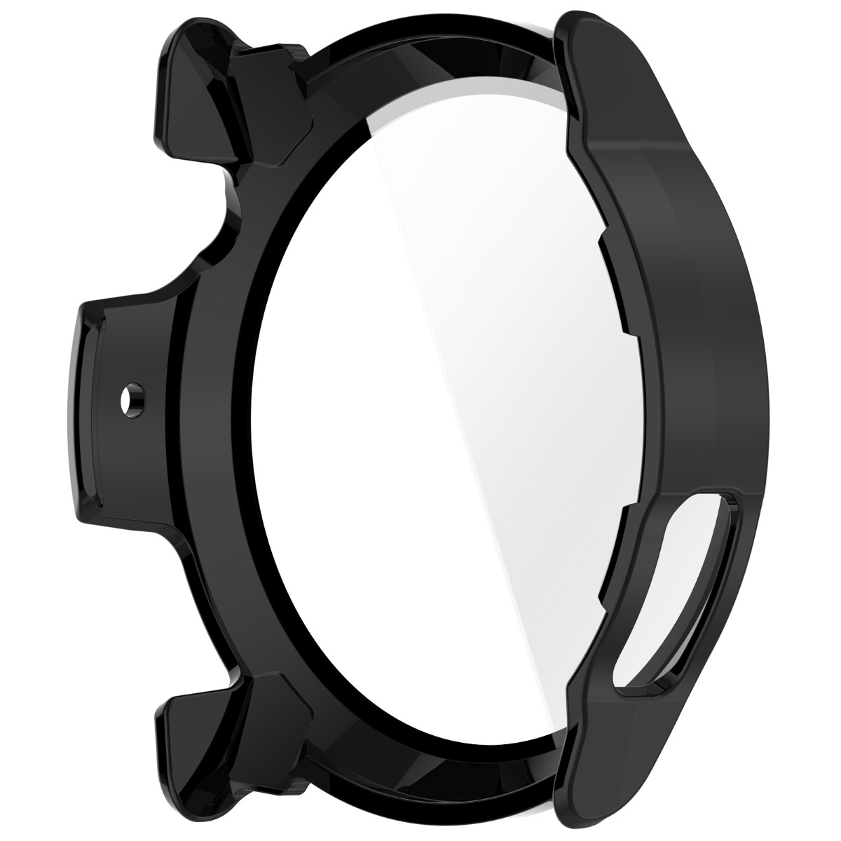 Custodia protettiva nera per smartwatch con pellicola protettiva trasparente.