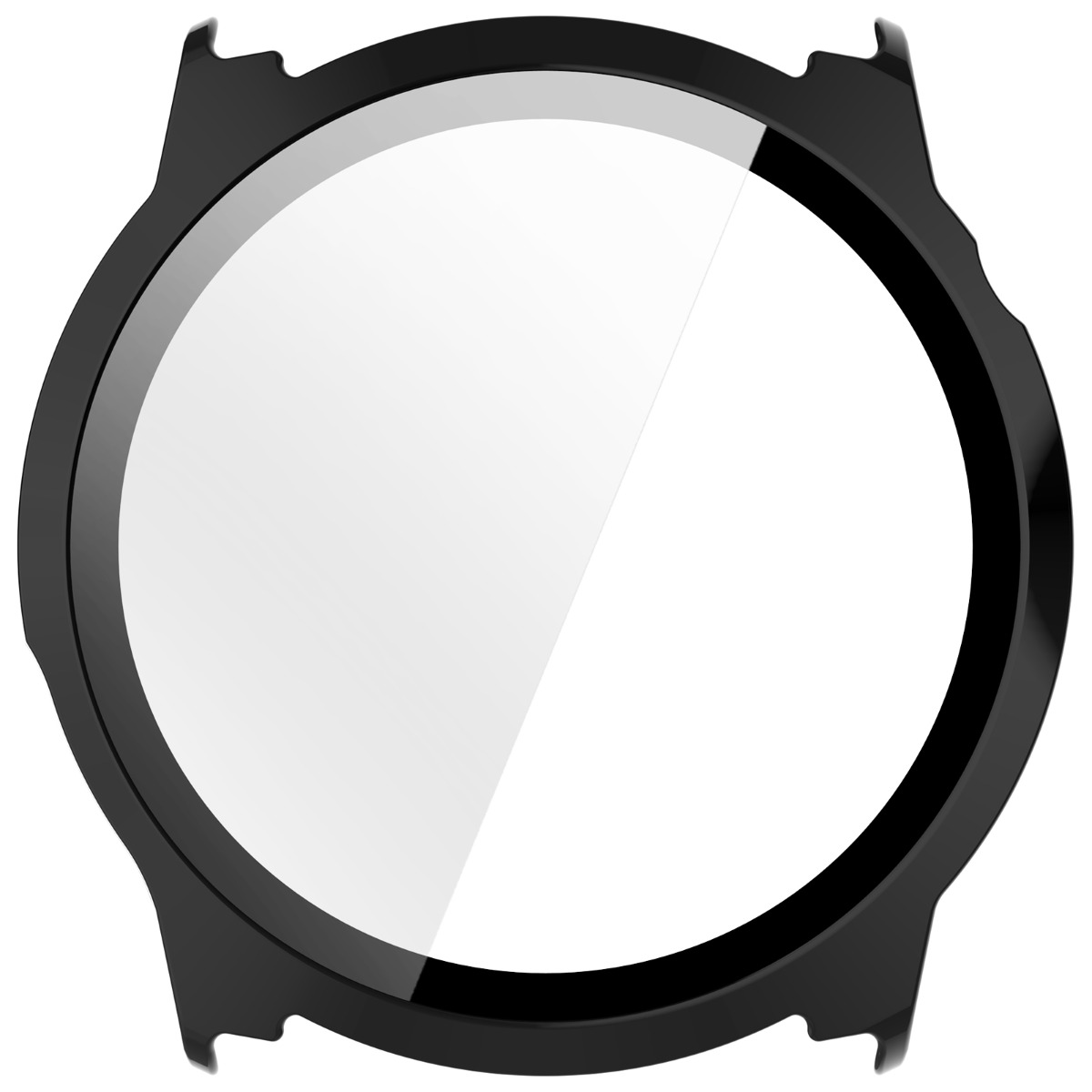 Una ghiera per orologio nera con quadrante in vetro trasparente.