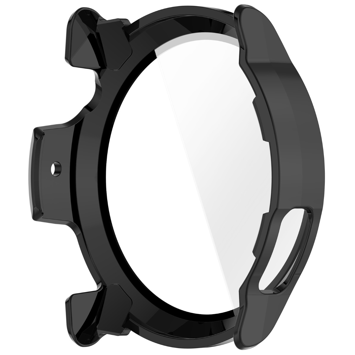 Protezione nera per orologio con schermo trasparente, su sfondo bianco.