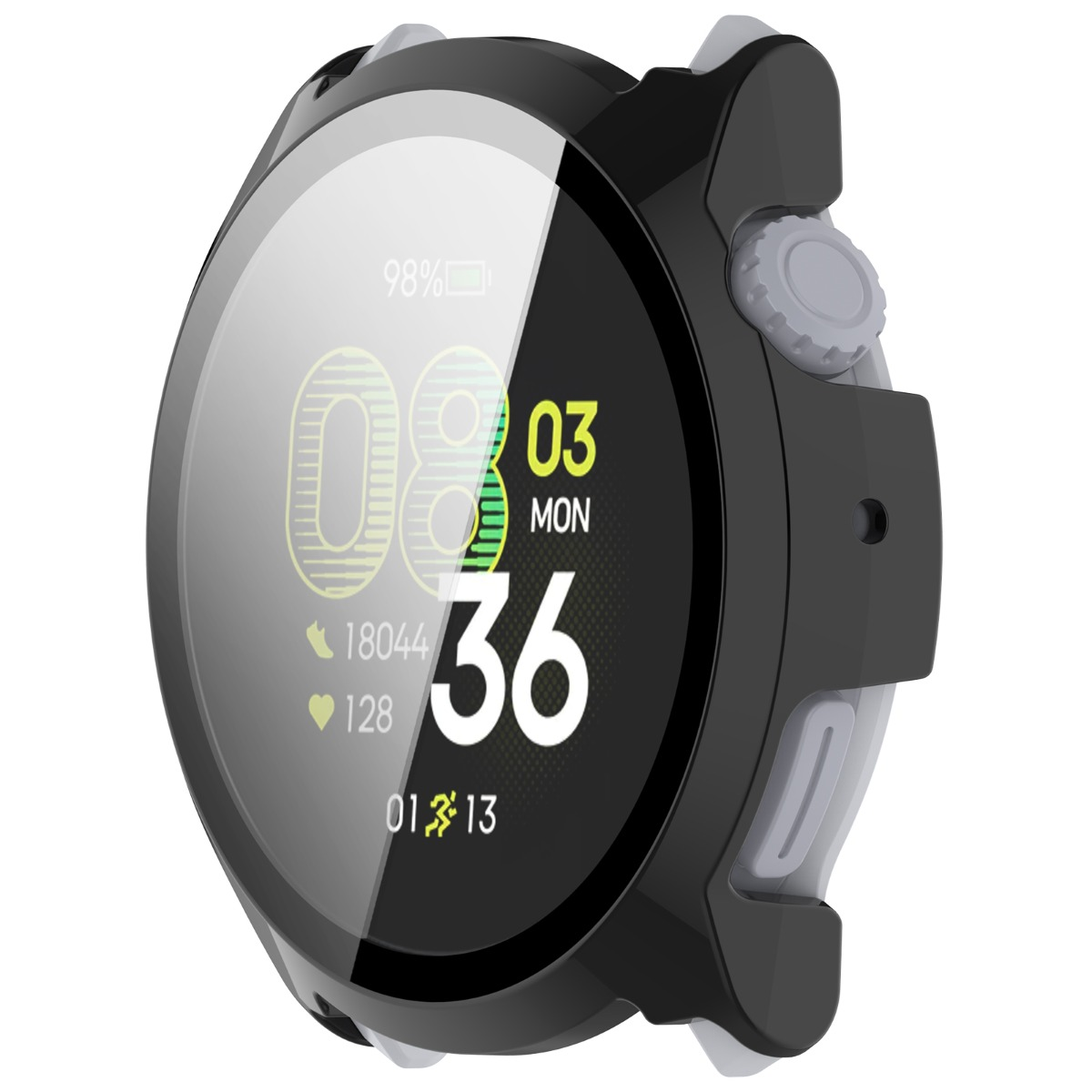 Uno smartwatch nero con quadrante grigio che mostra letture digitali.