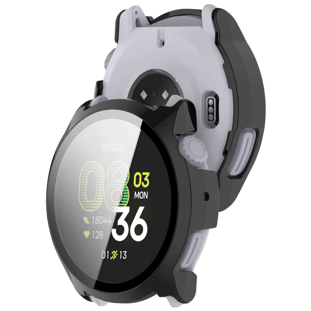 Uno smartwatch bianco e nero con display digitale che mostra il 98% di batteria.