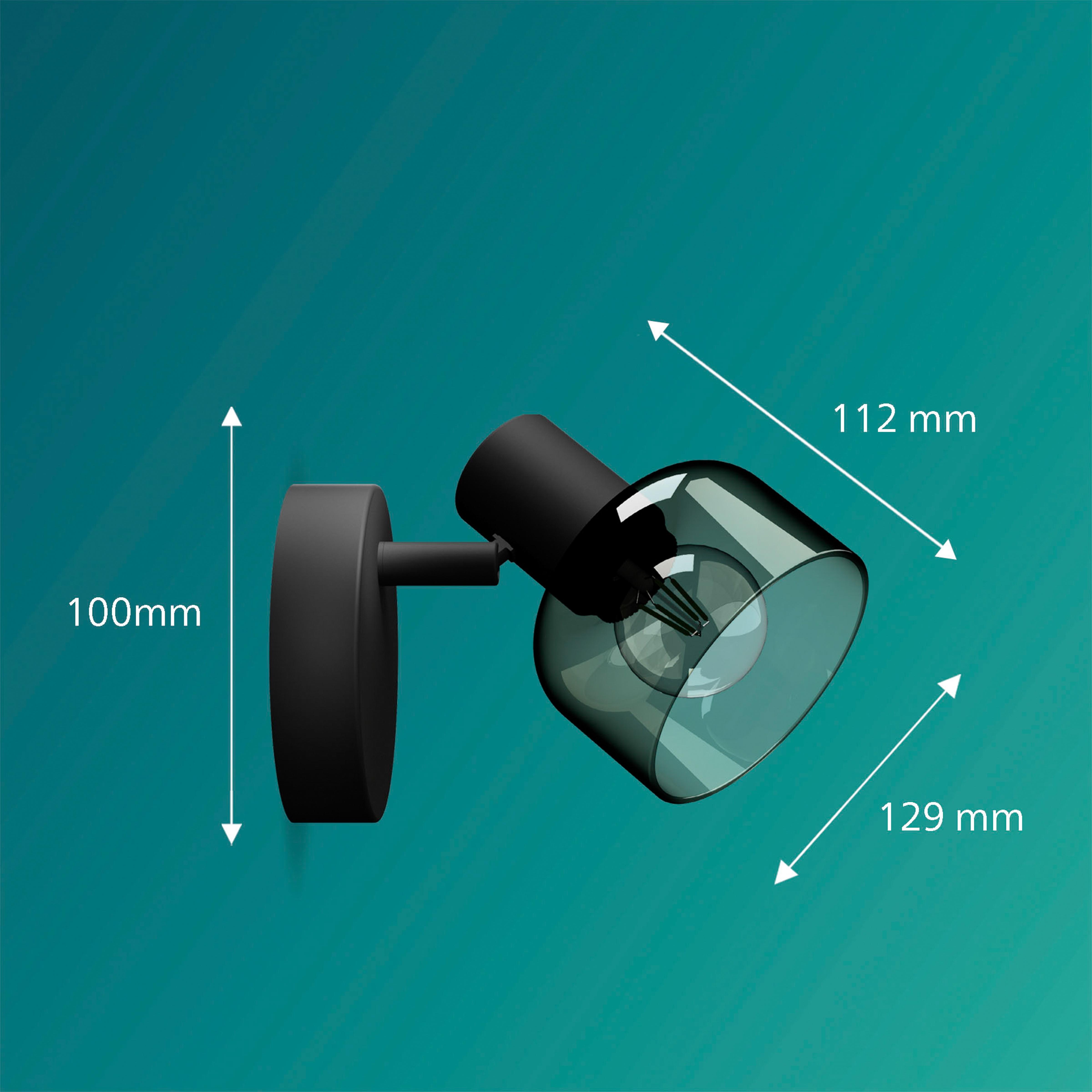 Schwarzer Wandstrahler mit rauchfarbenem Glas und Maßangaben.