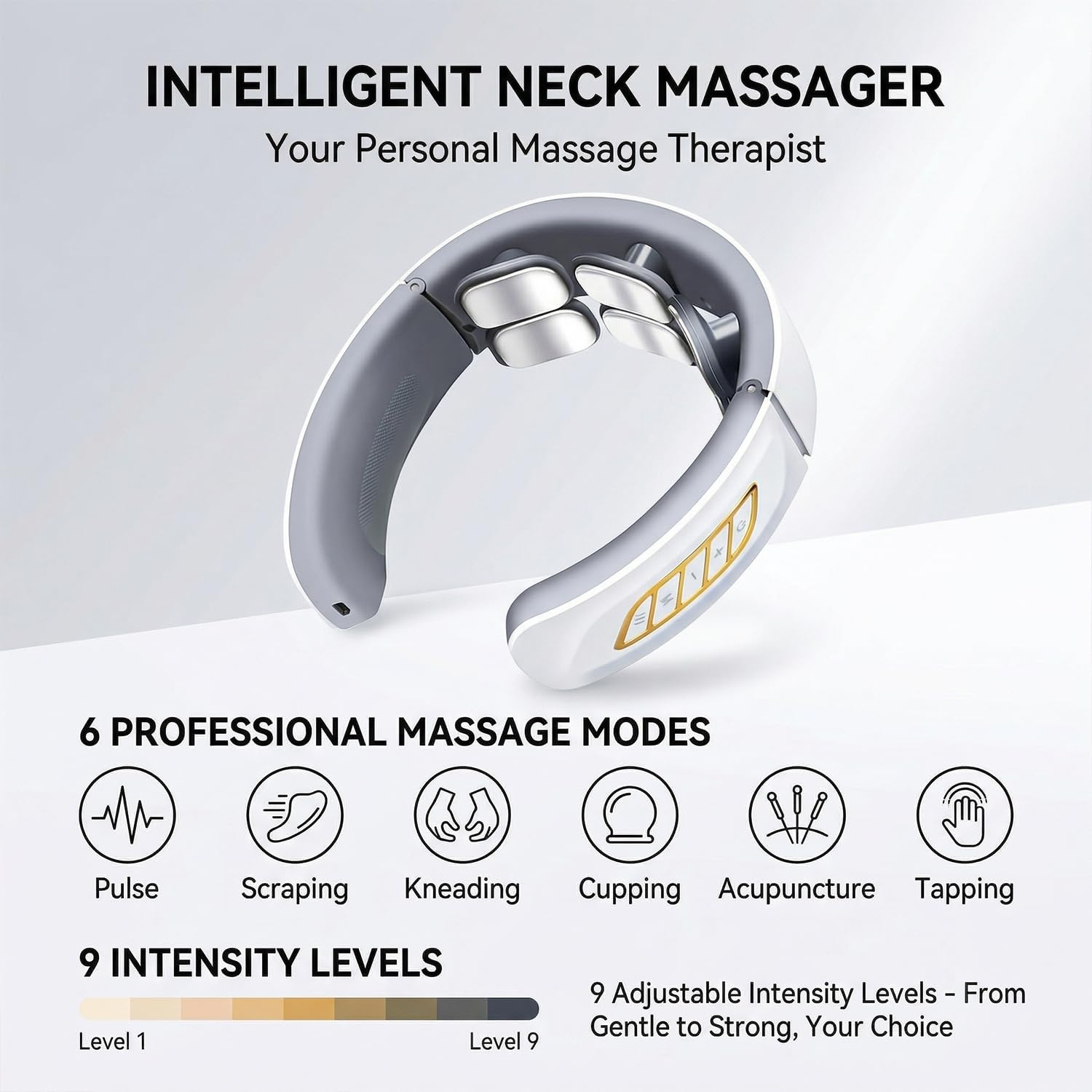 Intelligenter Nackenmassagegerät mit 6 Modi: Puls, Schaben, Kneten, Schröpfen, Akupunktur, Klopfen. 9 Intensitätsstufen.