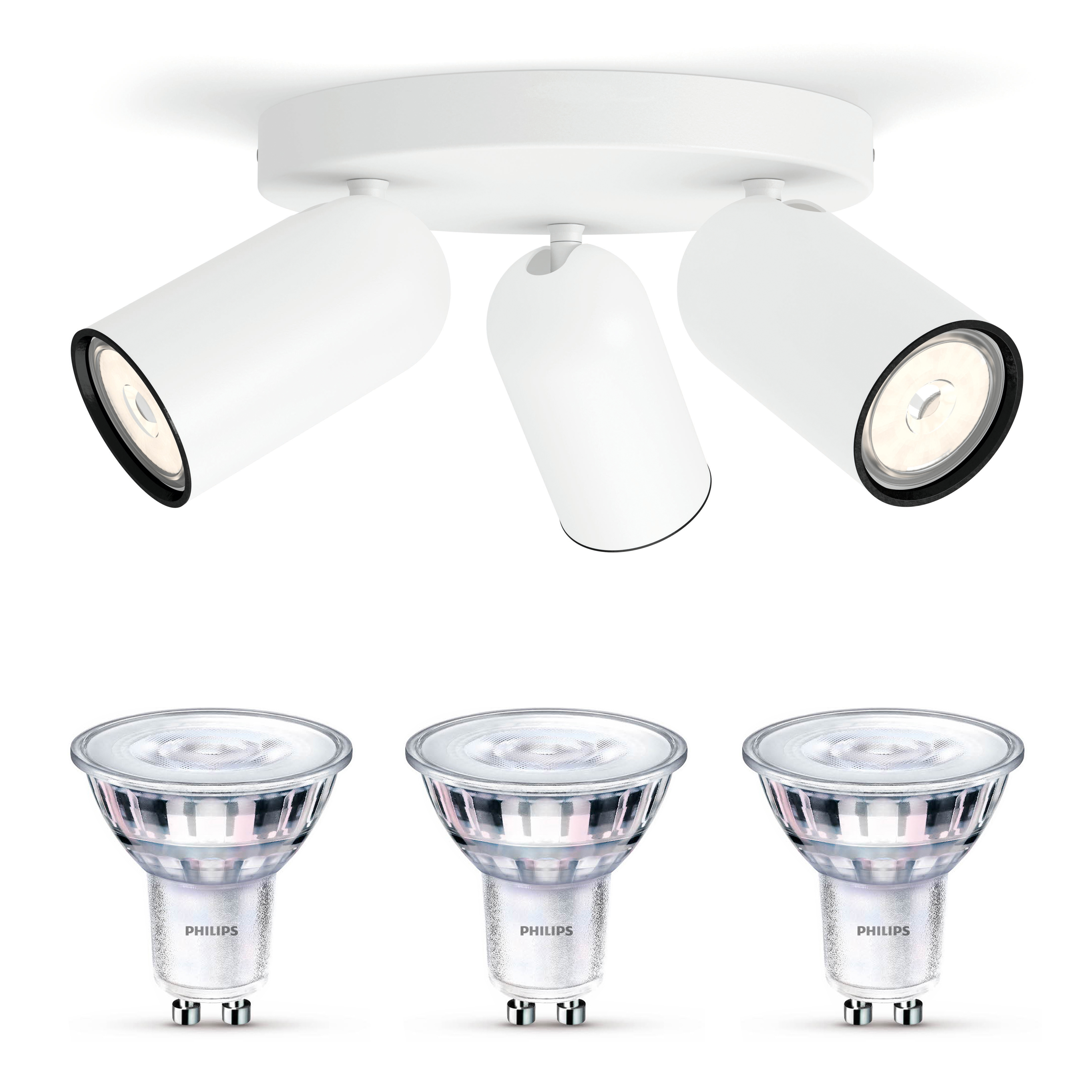 Ein weißer Deckenstrahler mit drei Spots und drei Philips GU10 LED-Lampen.