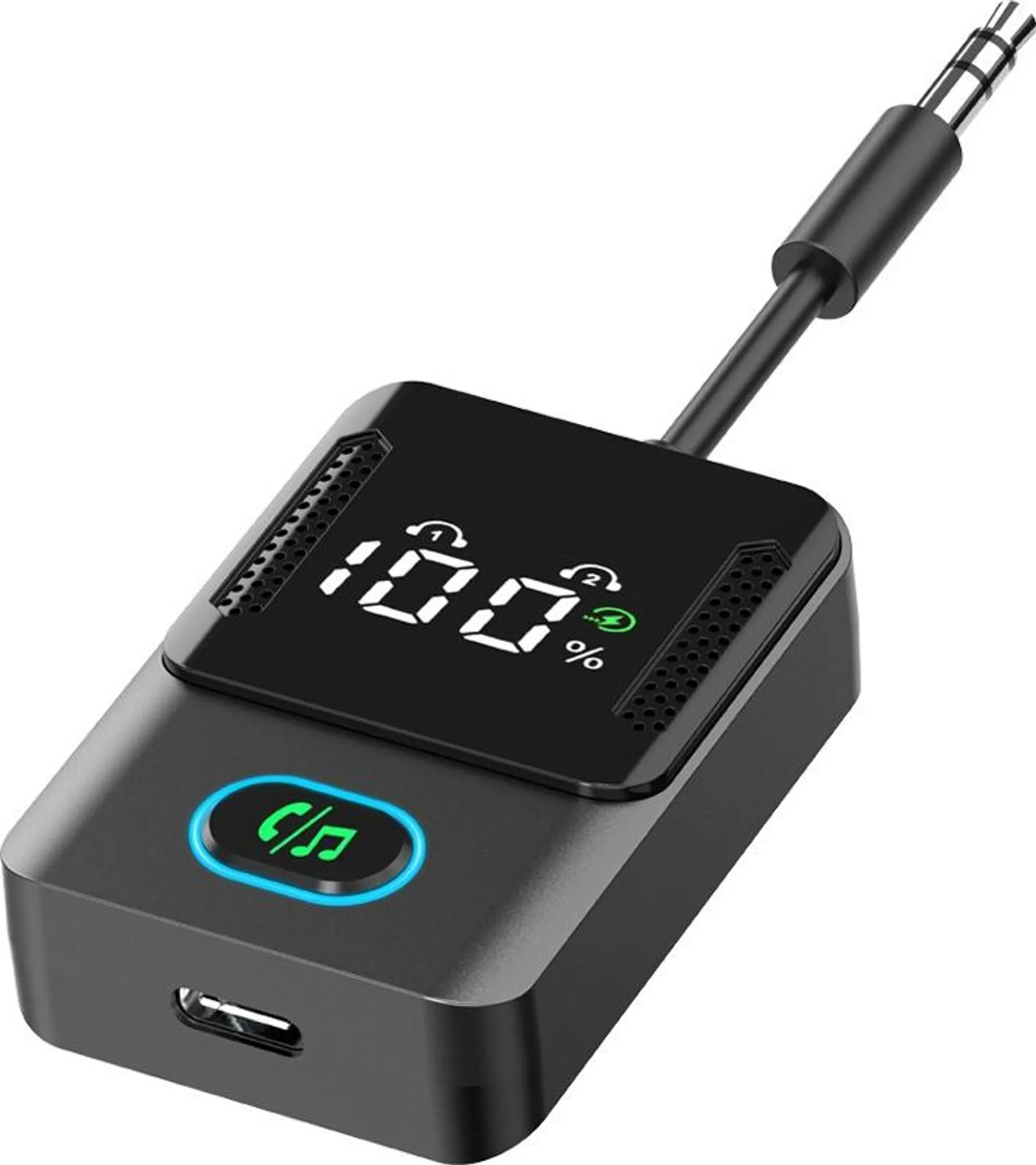 Schwarzer Bluetooth-Empfänger mit 3,5-mm-Stecker, USB-C-Anschluss und digitaler Anzeige.