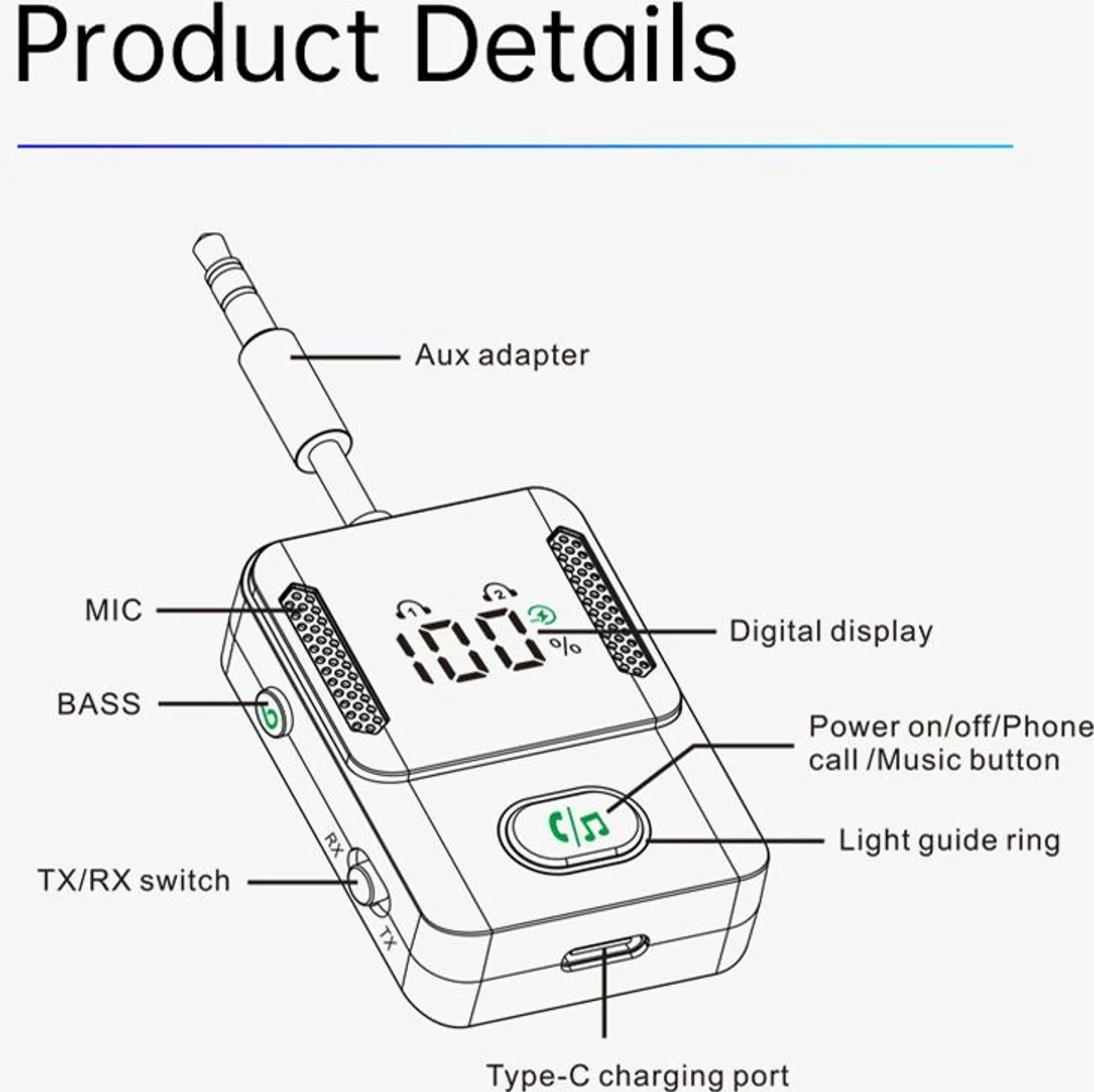 Ein Aux-Adapter mit digitalem Display, Ladeanschluss und Tasten.