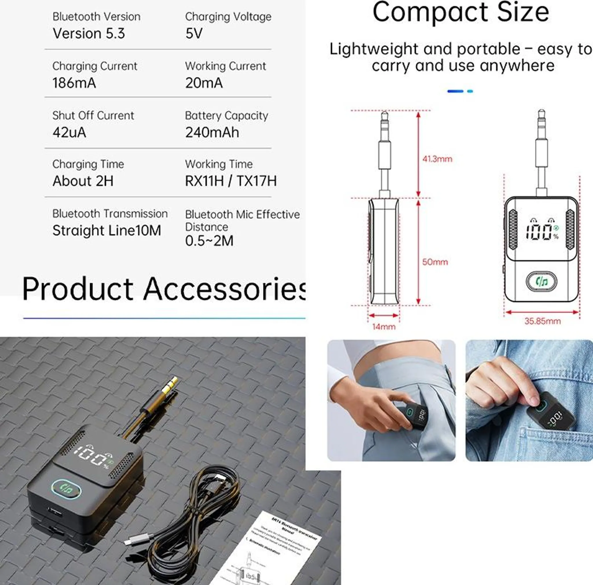 Technische Daten und Abmessungen eines Bluetooth-Senders/Empfängers.