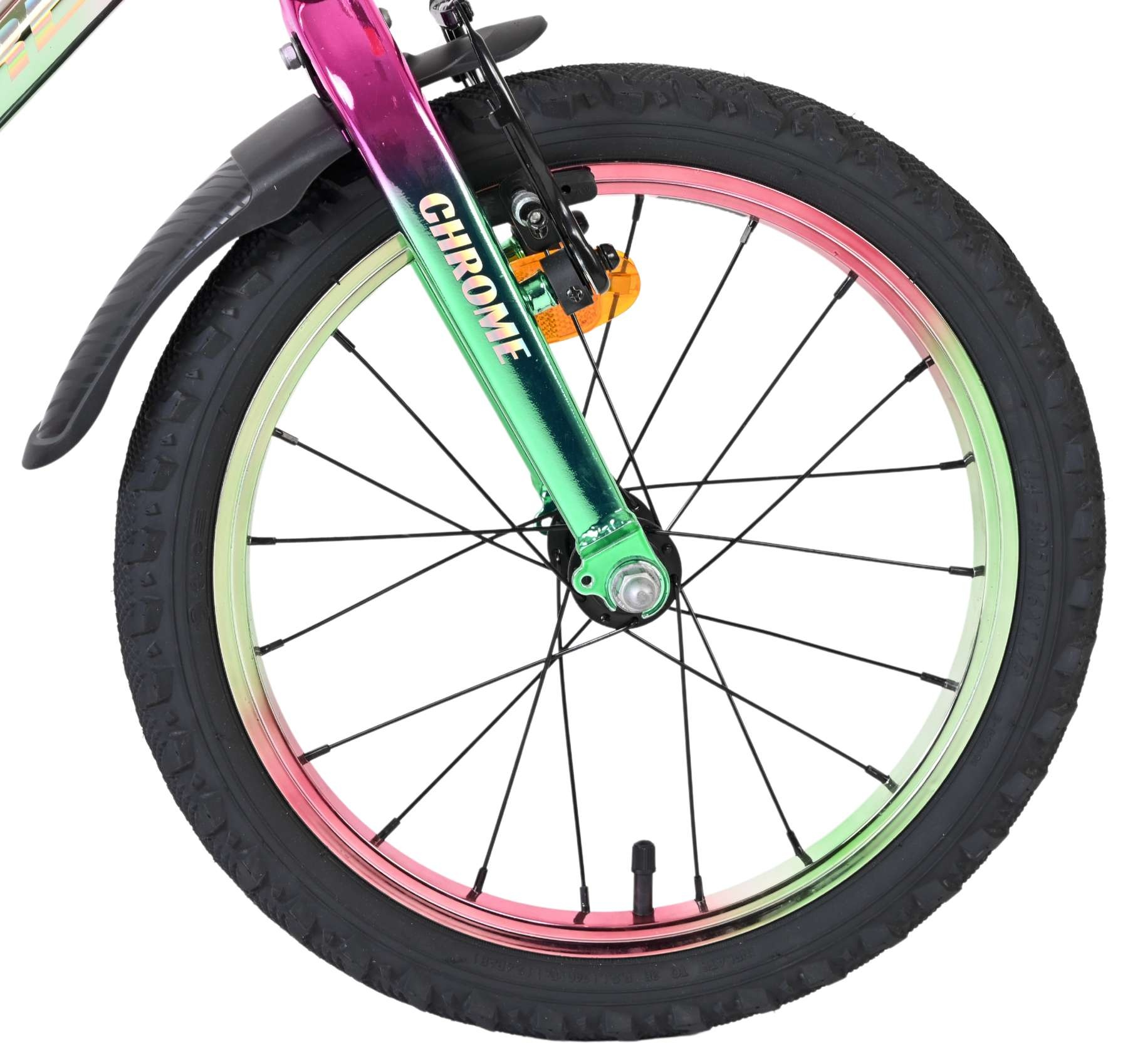 Fahrradgabel und Rad mit pink-grünem Farbverlauf, schwarzer Reifen.