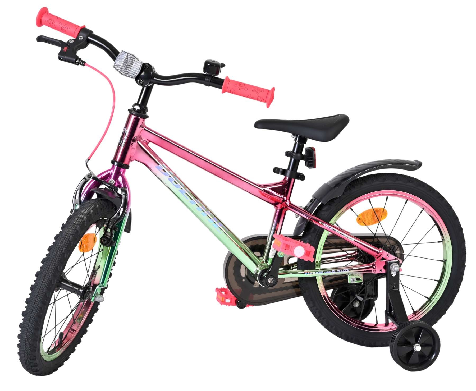 Ein Kinderfahrrad mit Stützrädern, pink-grünem Farbverlauf, pinken Griffen.