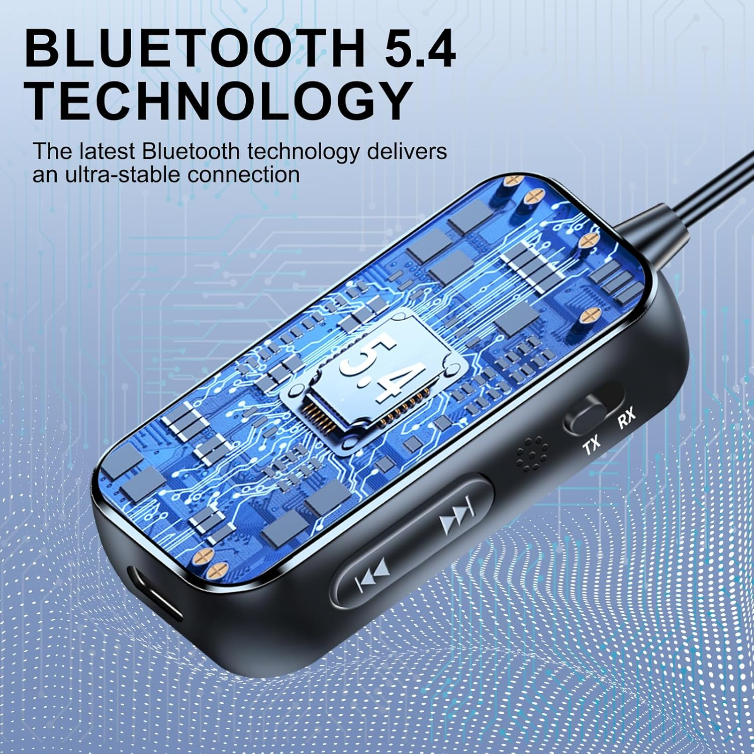 Nahaufnahme eines schwarzen Bluetooth 5.4 Geräts mit sichtbarer Schaltung, Wiedergabe/Pause und TX/RX-Tasten.