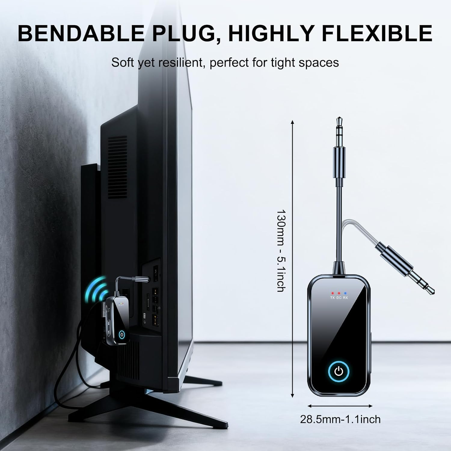Ein flexibler Audiadapter wird an einen Fernseher angeschlossen.